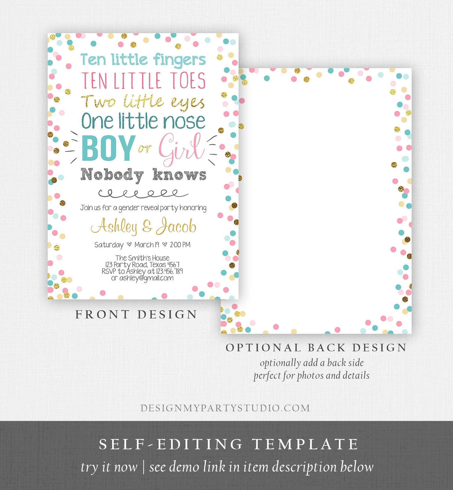 Editable Gender Reveal Invitation Baby Shower Boy or Girl Pink or Blue He or She Confetti Gold Corjl Template Instant Download Digital 0133