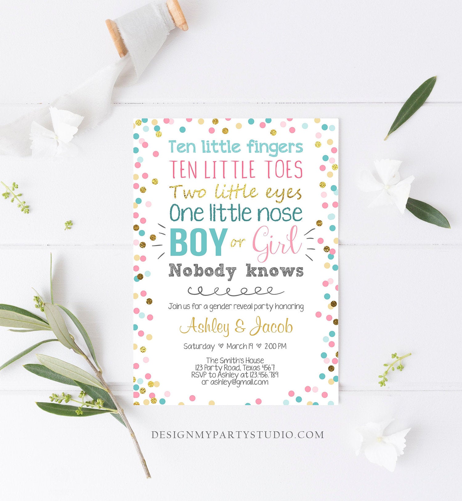 Editable Gender Reveal Invitation Baby Shower Boy or Girl Pink or Blue He or She Confetti Gold Corjl Template Instant Download Digital 0133