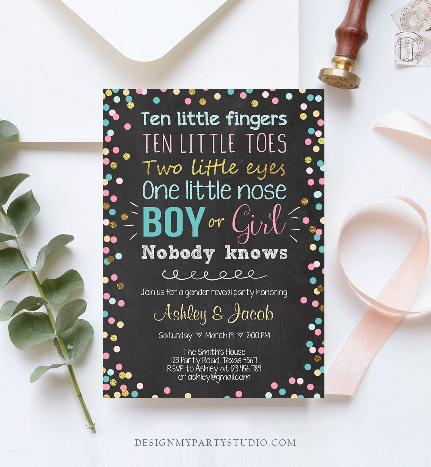 Editable Gender Reveal Invitation Baby Shower Boy or Girl Pink or Blue He or She Confetti Gold Corjl Template Instant Download Digital 0133