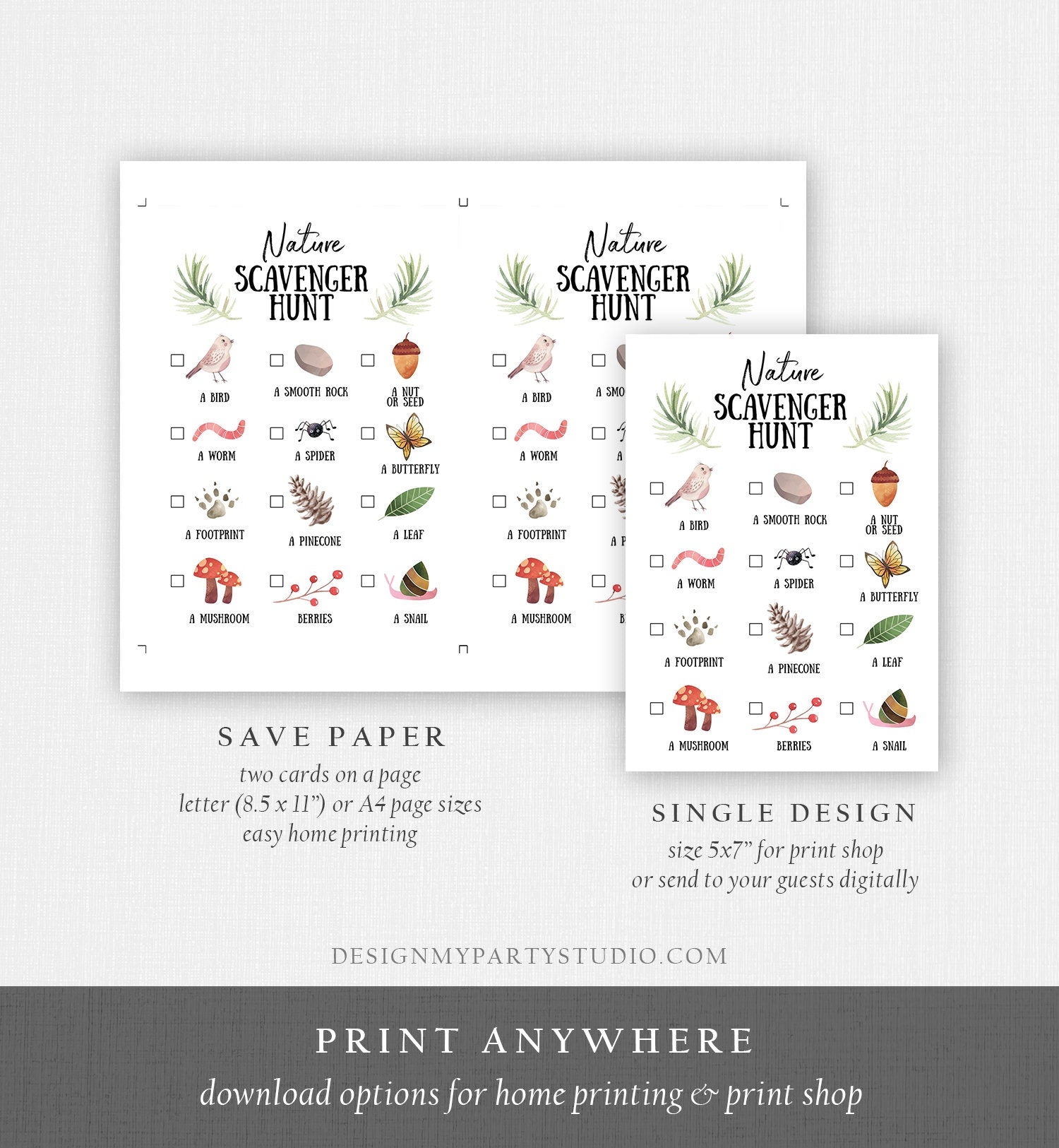 Editable Nature Scavenger Hunt for Kids Hiking Outdoor Camping Party Game Trail Nature Walk Woodland Digital Download Template Printable