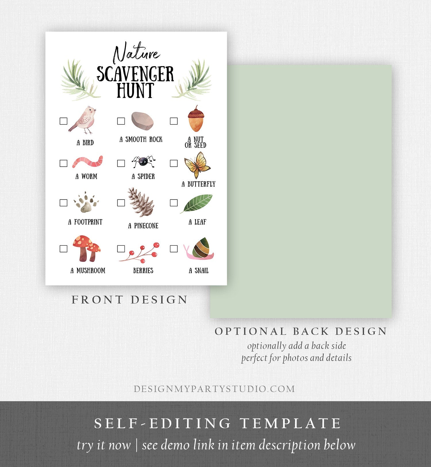 Editable Nature Scavenger Hunt for Kids Hiking Outdoor Camping Party Game Trail Nature Walk Woodland Digital Download Template Printable