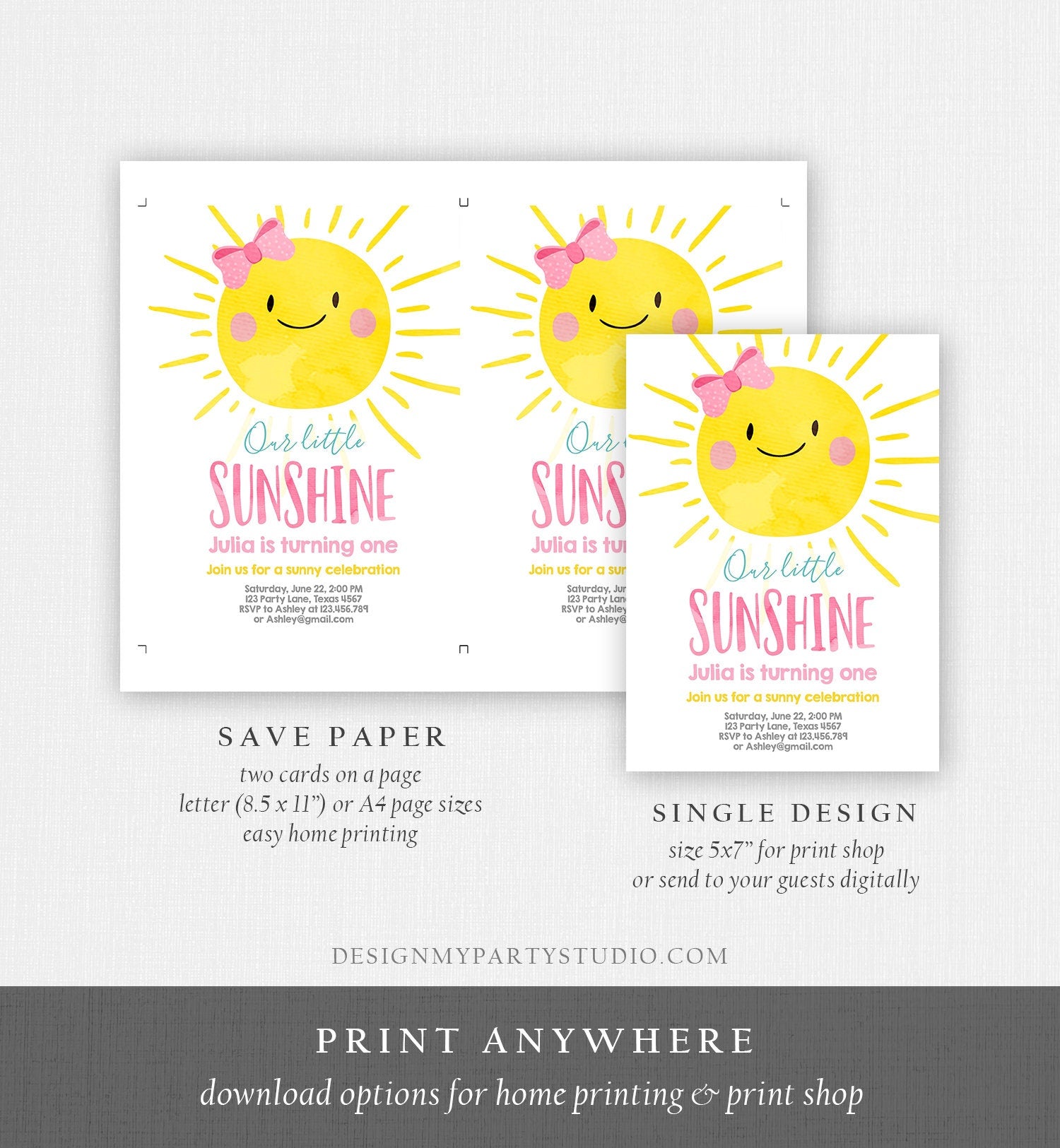 Editable Our Little Sunshine Birthday Invitation Girl Summer Birthday First Birthday 1st Party Pink Girl Bow Download Corjl Template 0141