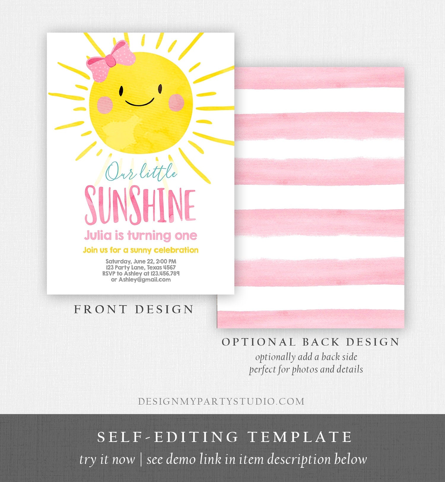 Editable Our Little Sunshine Birthday Invitation Girl Summer Birthday First Birthday 1st Party Pink Girl Bow Download Corjl Template 0141