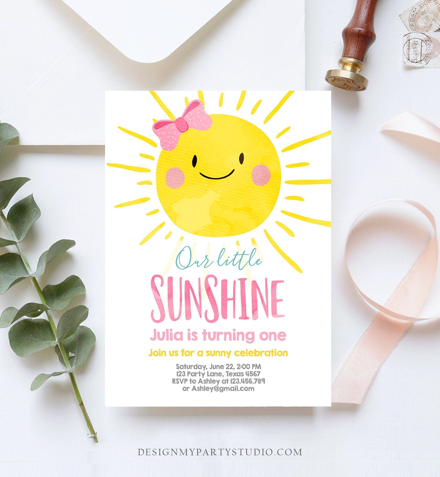 Editable Our Little Sunshine Birthday Invitation Girl Summer Birthday First Birthday 1st Party Pink Girl Bow Download Corjl Template 0141