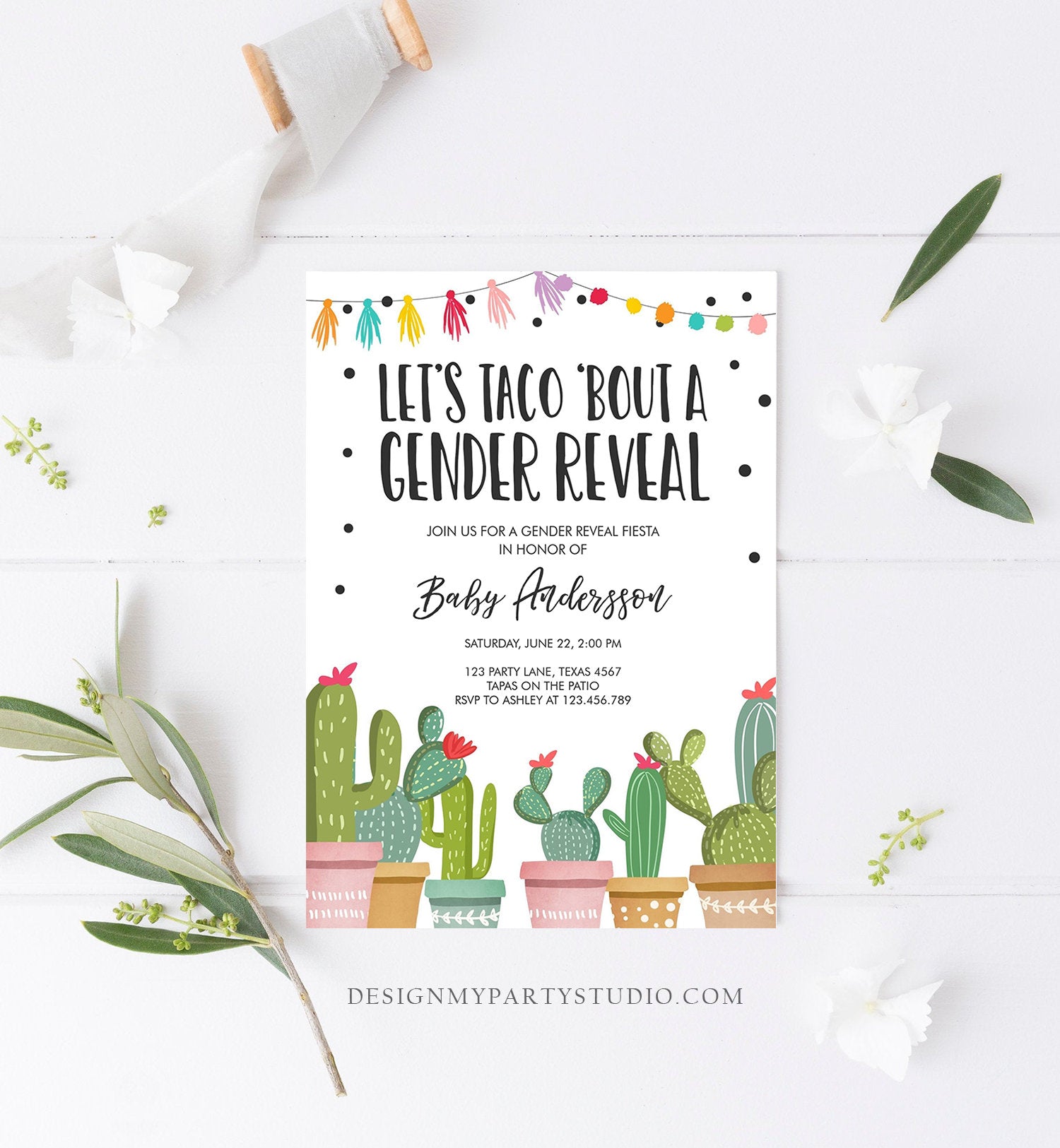 Editable Taco Bout a Gender Reveal Invitation Cactus Mexican Fiesta He or She Boy or Girl Party Download Printable Corjl Template 0254