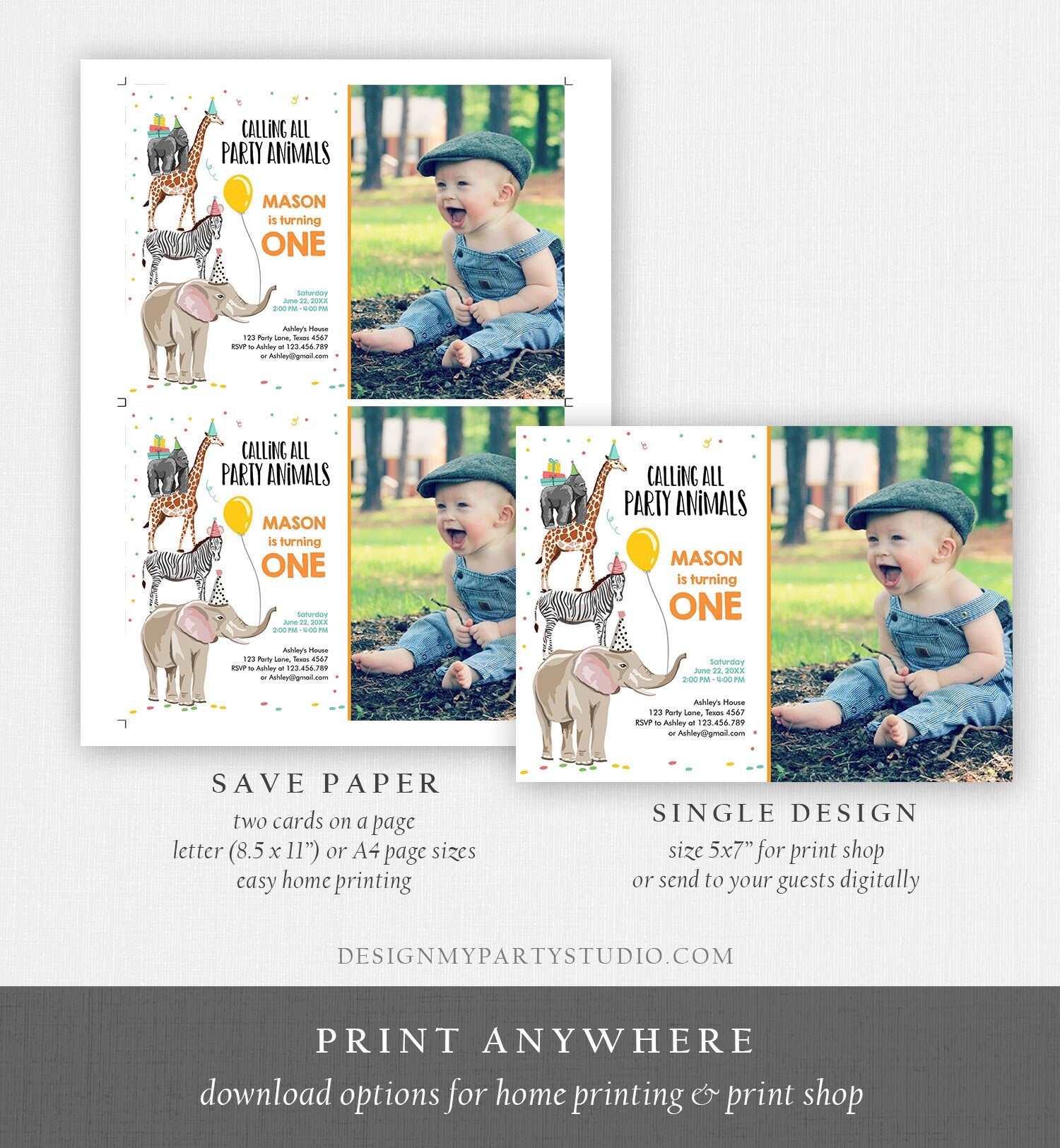 Editable Party Animals Birthday Invitation Wild One Animals Invitation Zoo Safari Animals Boy Digital Download Corjl Template Printable 0142