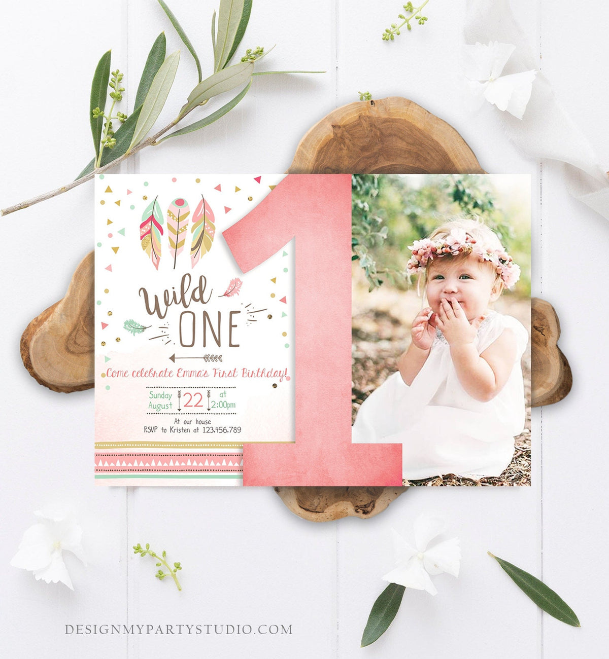 Editable Birthday Invitation Wild One Girl Invite Tribal Boho Arrow Feathers Coral Mint Download Printable Template Digital Corjl 0073