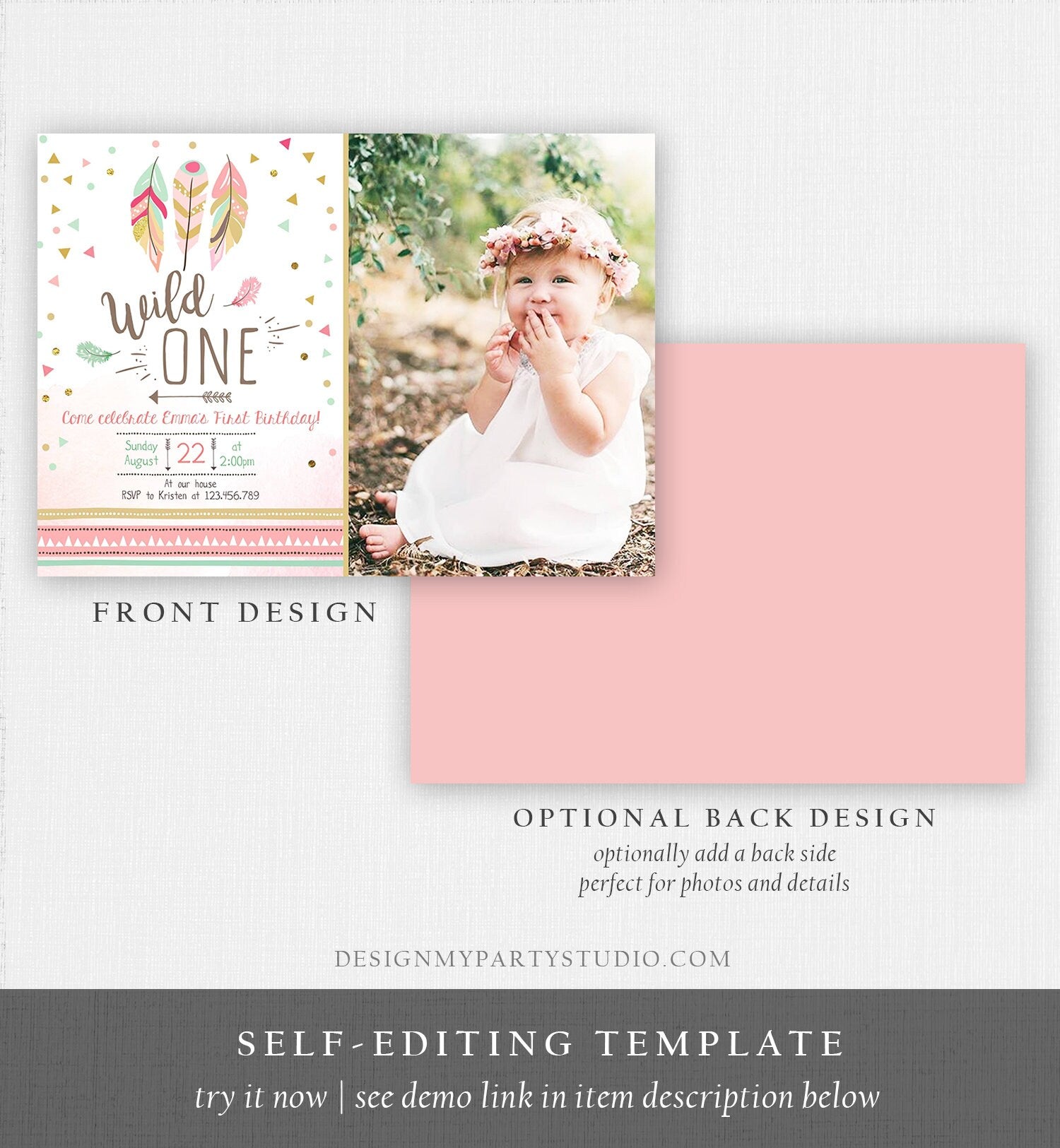 Editable Birthday Invitation Wild One Girl Invite Tribal Boho Arrow Feathers Coral Mint Download Printable Template Digital Corjl 0073