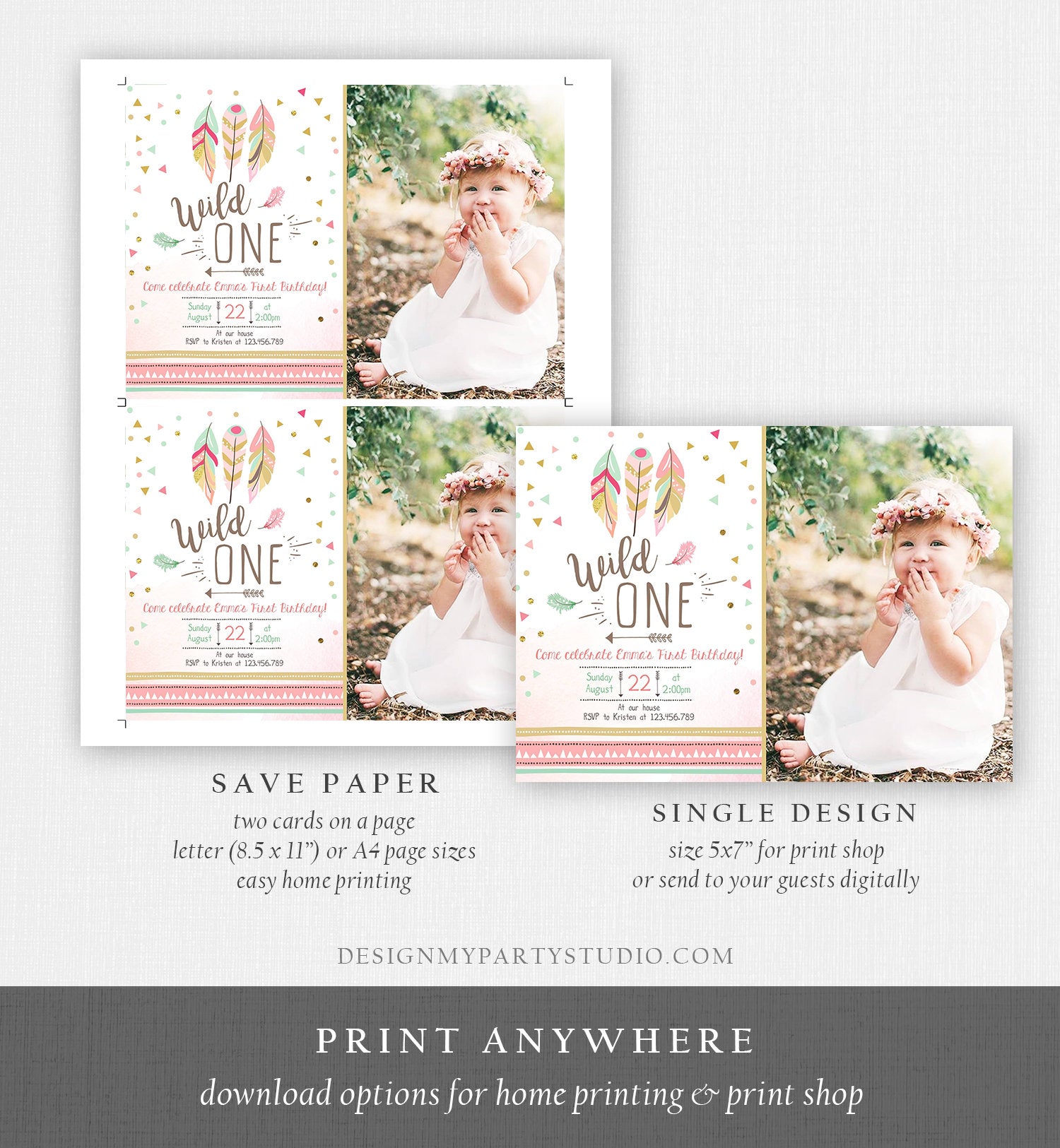 Editable Birthday Invitation Wild One Girl Invite Tribal Boho Arrow Feathers Coral Mint Download Printable Template Digital Corjl 0073