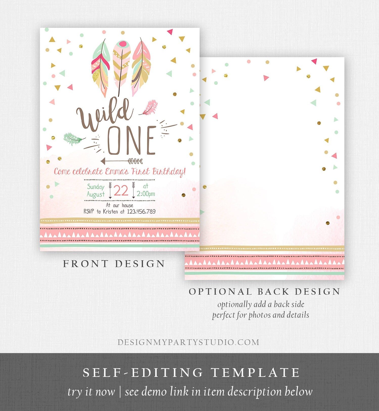 Editable Birthday Invitation Wild One Girl Invite Tribal Boho Arrow Feathers Coral Mint Digital Download Corjl Template Printable 0073