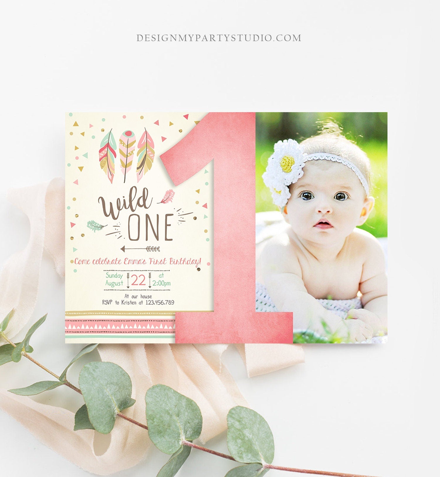 Editable Birthday Invitation Wild One Girl Invite Tribal Boho Arrow Feathers Coral Mint Download Printable Template Digital Corjl 0073