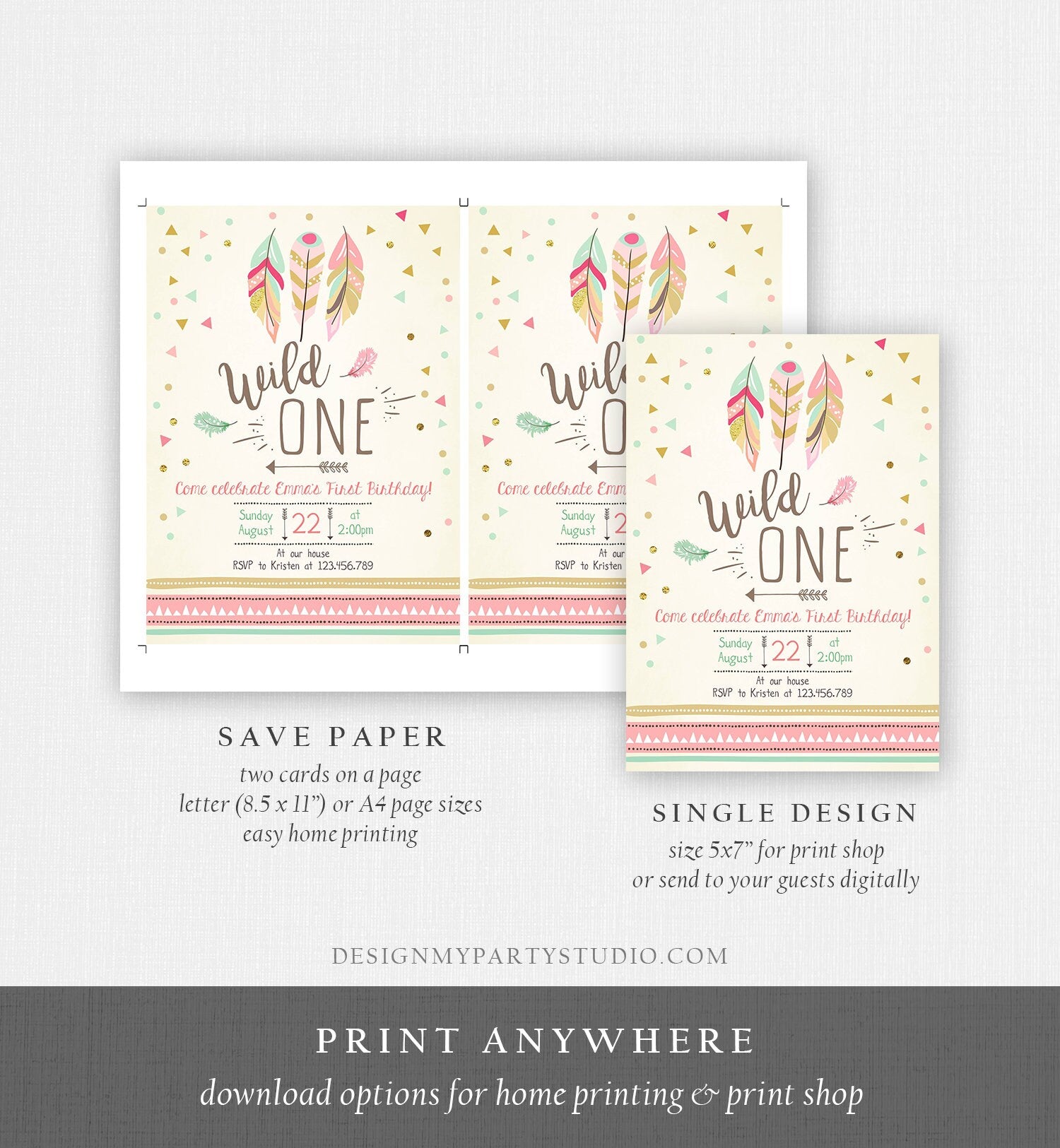 Editable Birthday Invitation Wild One Girl Invite Tribal Boho Arrow Feathers Coral Mint Download Printable Template Digital Corjl 0073