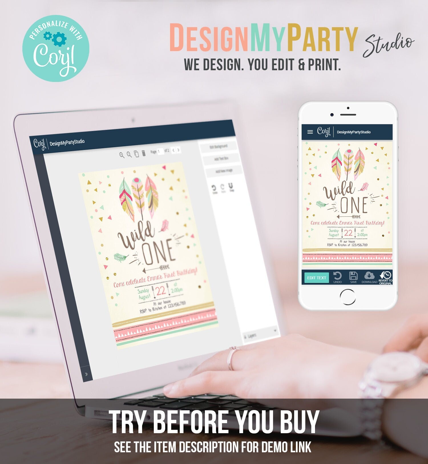 Editable Birthday Invitation Wild One Girl Invite Tribal Boho Arrow Feathers Coral Mint Download Printable Template Digital Corjl 0073