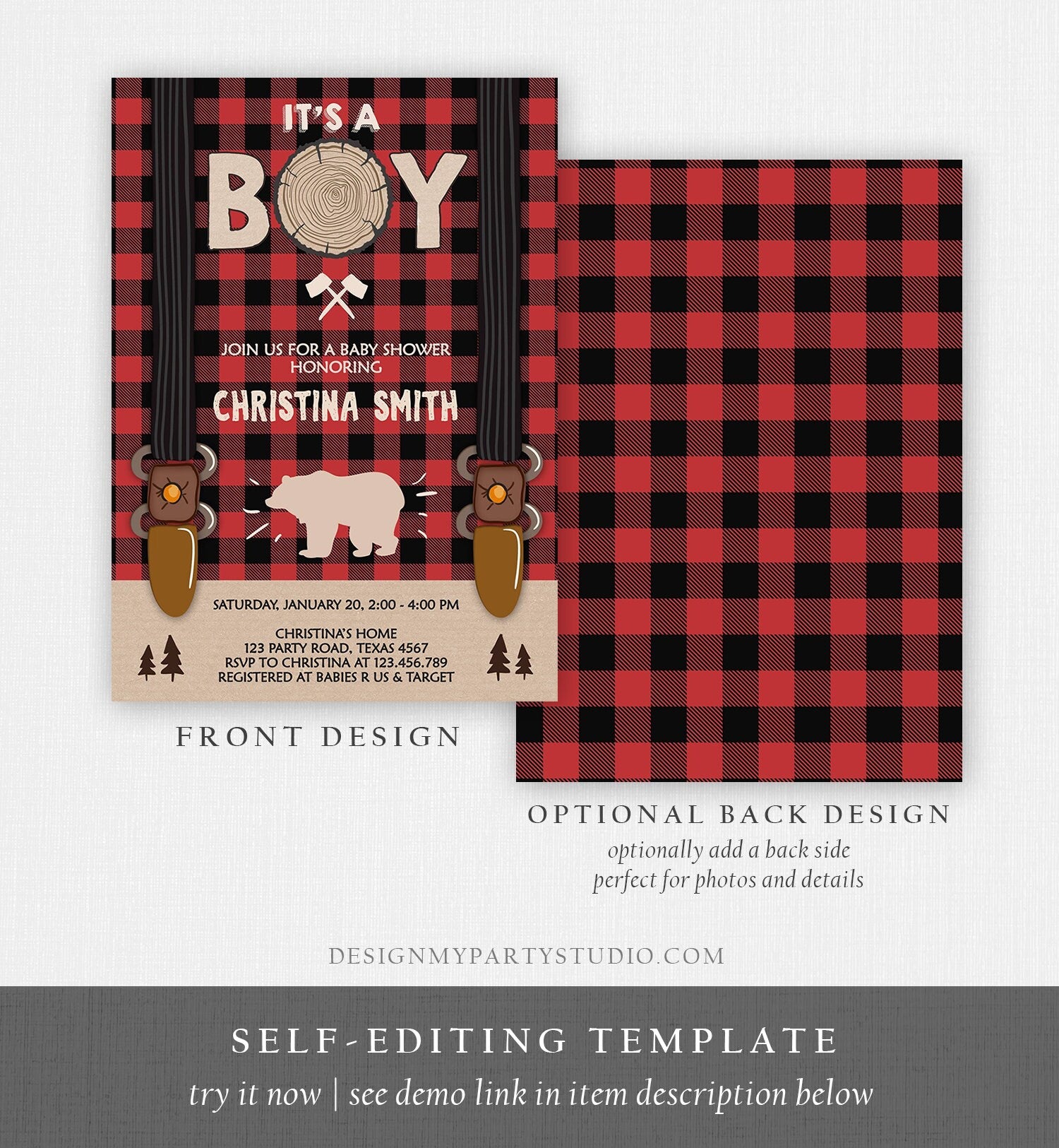 Editable Lumberjack Baby Shower Invitation Baby Boy Buffalo Plaid Rustic Bear Cub It's a Boy Winter Download Evite Template Printable 0026