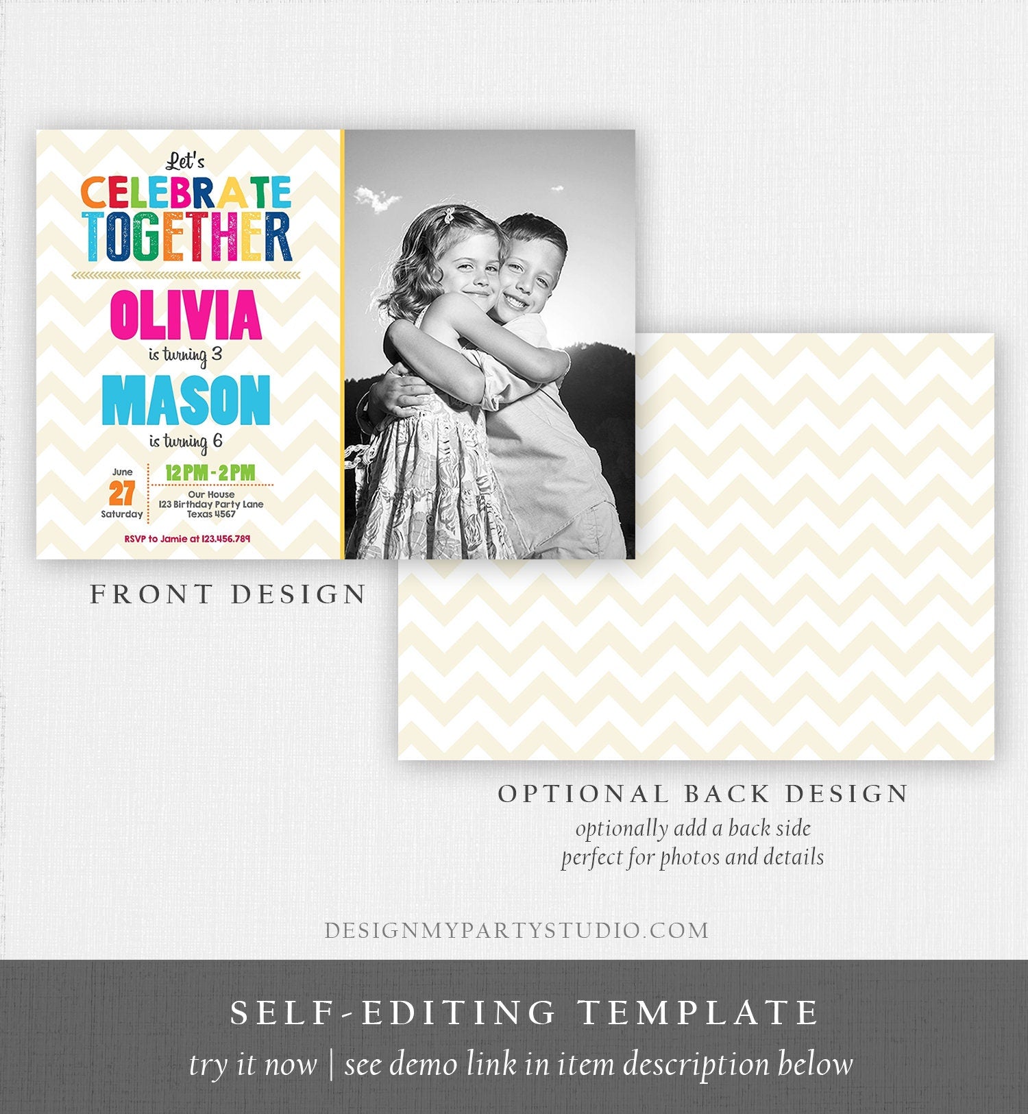 Editable Siblings Birthday Invitation Twins Birthday Party Joint Birthday Double Party Rainbow Kids Corjl Template Printable0087