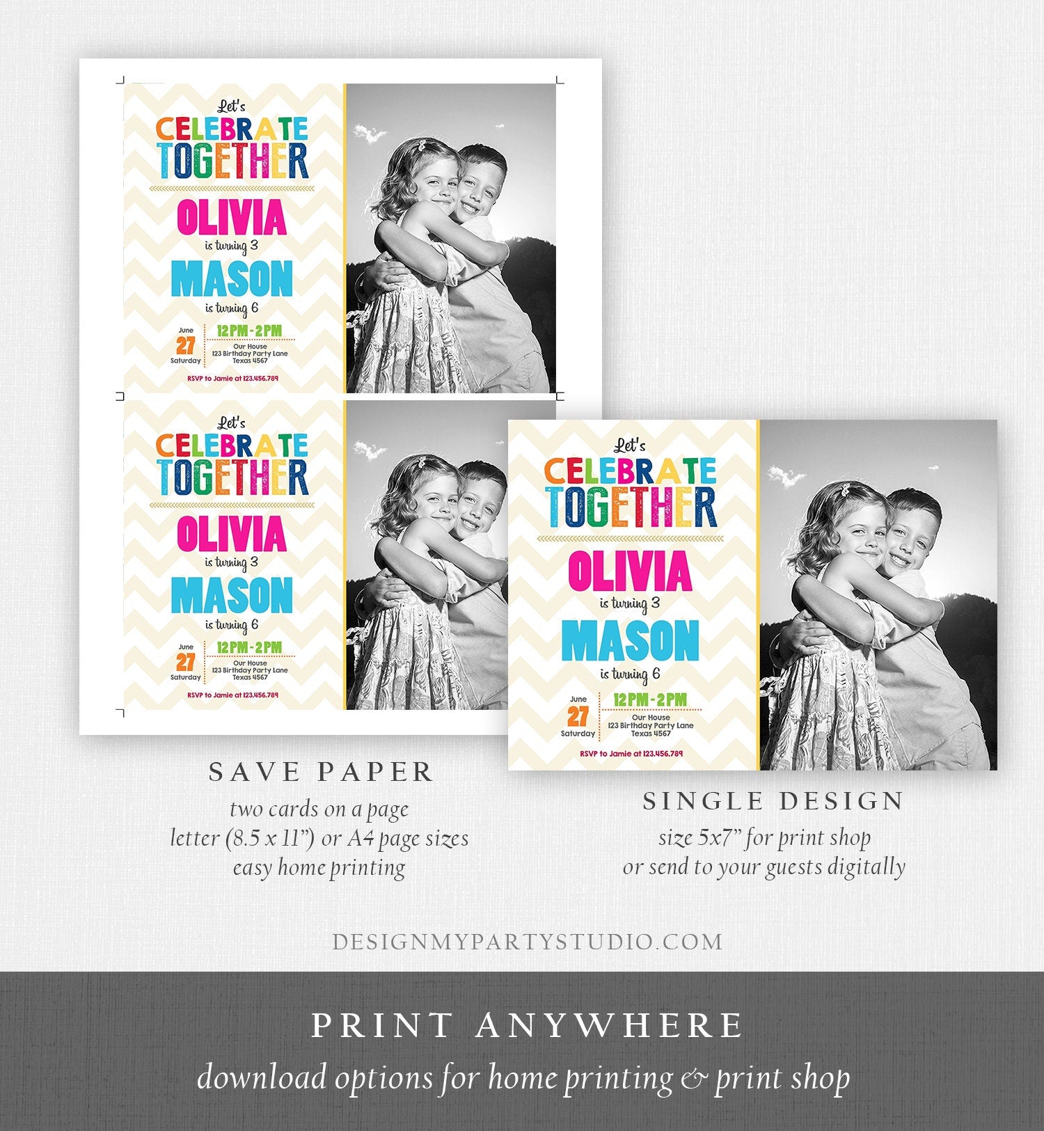 Editable Siblings Birthday Invitation Twins Birthday Party Joint Birthday Double Party Rainbow Kids Corjl Template Printable0087