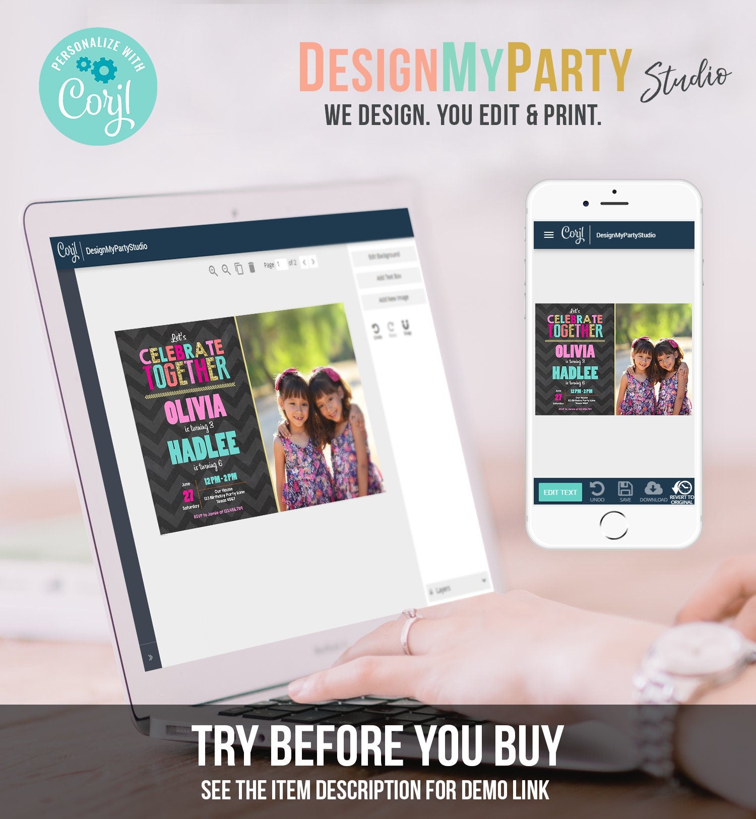 Editable Sisters Birthday Invitation Twins Birthday Party Siblings Joint Party Pink Girls Digital Download Evite Template Printable 0087