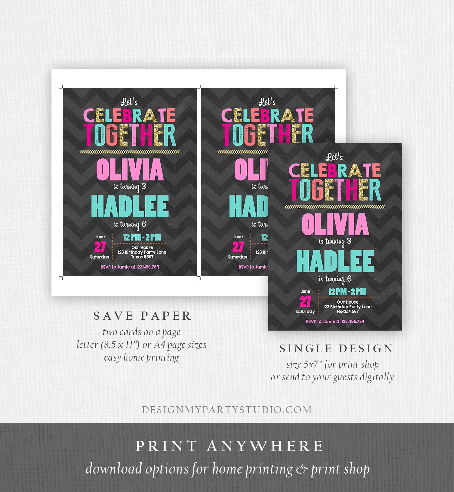 Editable Siblings Birthday Invitation Girls Twins Birthday Party Dual Birthday Party Pink Gold Sisters Printable Invite Template Corjl 0087