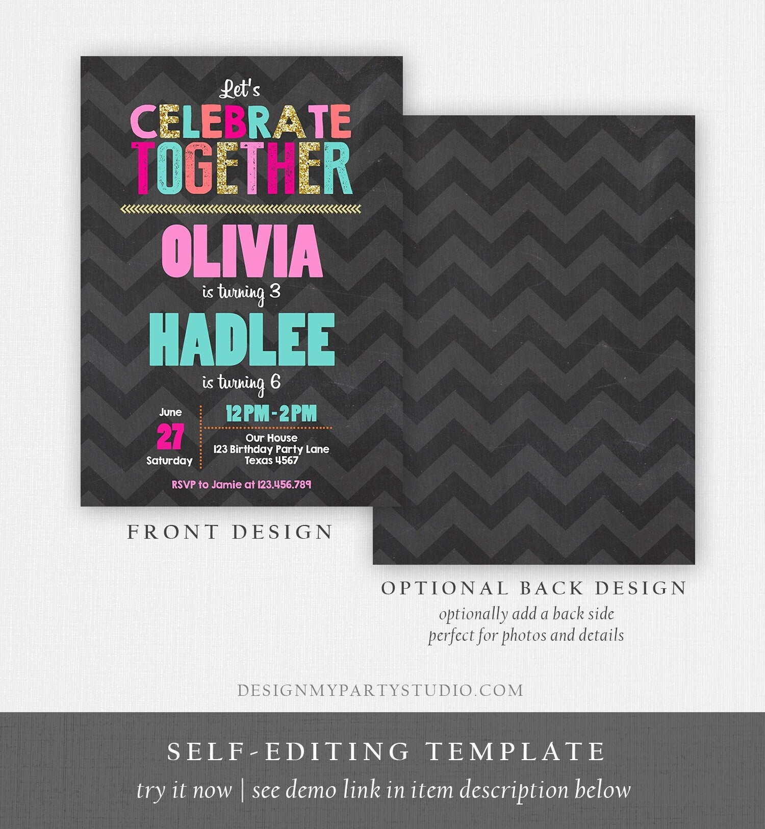 Editable Siblings Birthday Invitation Girls Twins Birthday Party Dual Birthday Party Pink Gold Sisters Printable Invite Template Corjl 0087