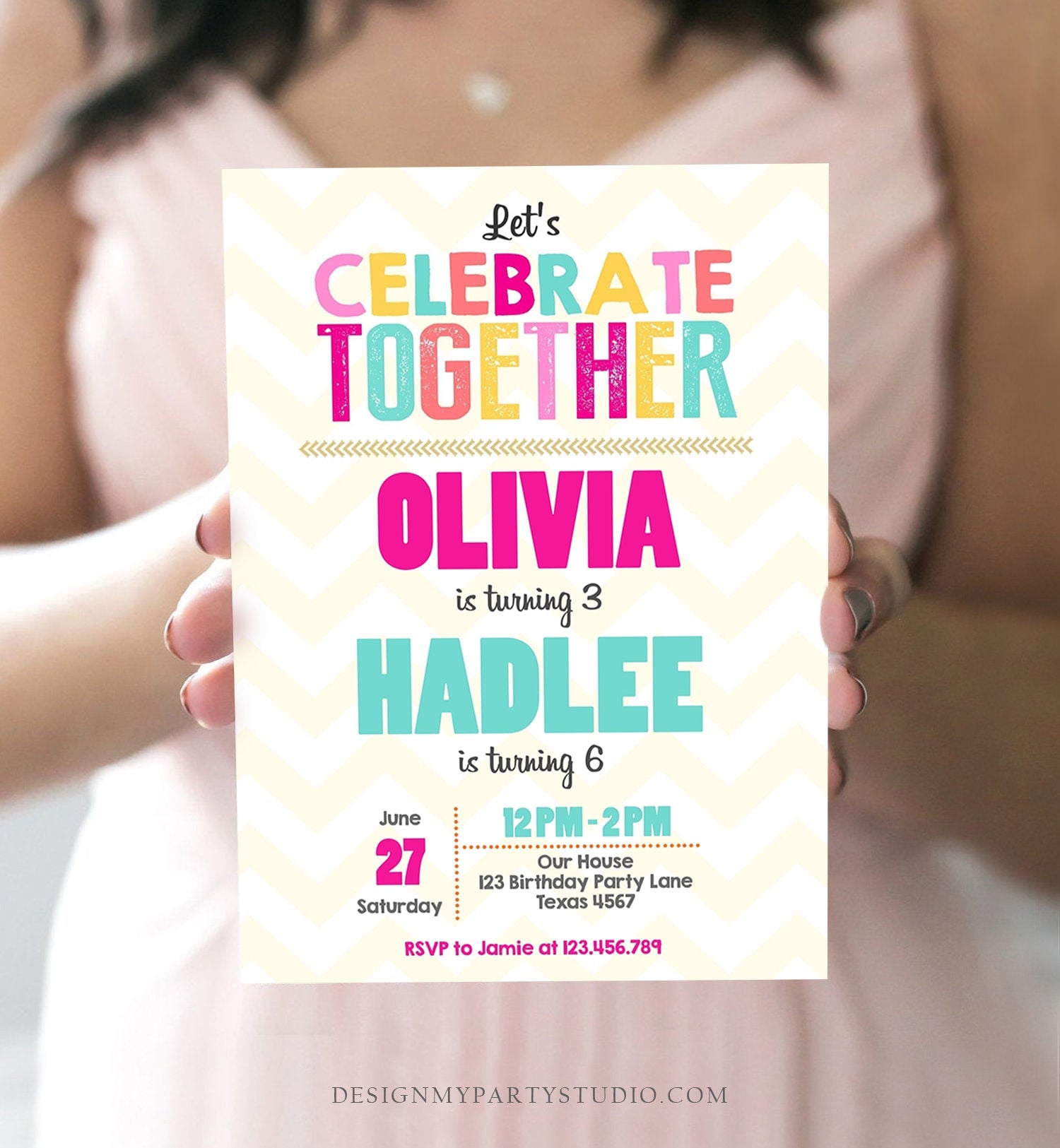 Editable Siblings Twin Birthday Invitation Twins Birthday Party Birthday Double Party Rainbow Girl Pink Printable Invite Template Corjl 0087