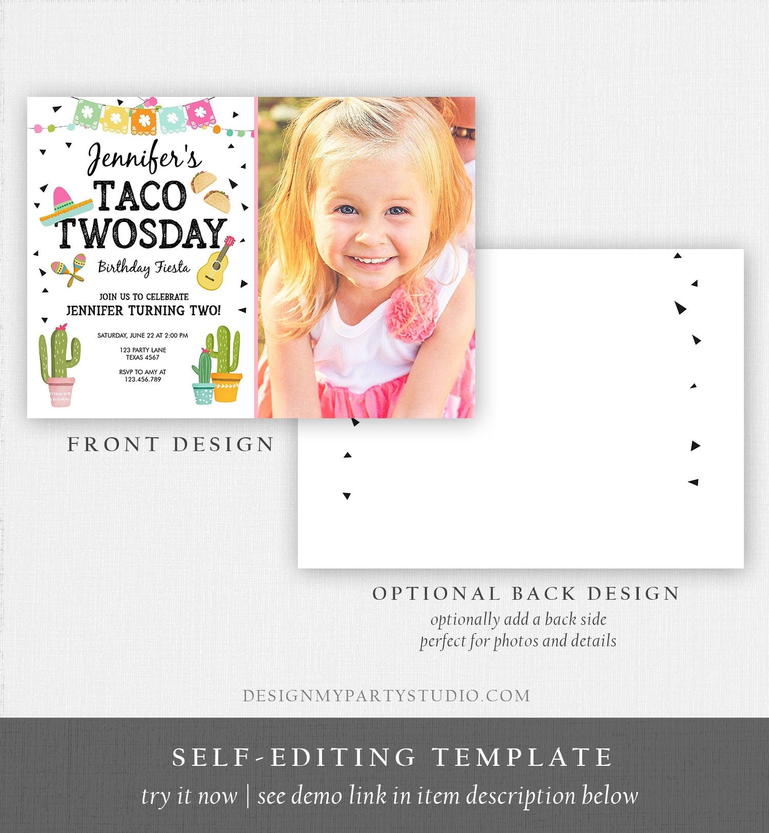 Editable Taco Twosday Invitation Mexican Twosday Birthday Fiesta Girl Second 2nd Birthday Pink Download Evite Corjl Template Printable 0161