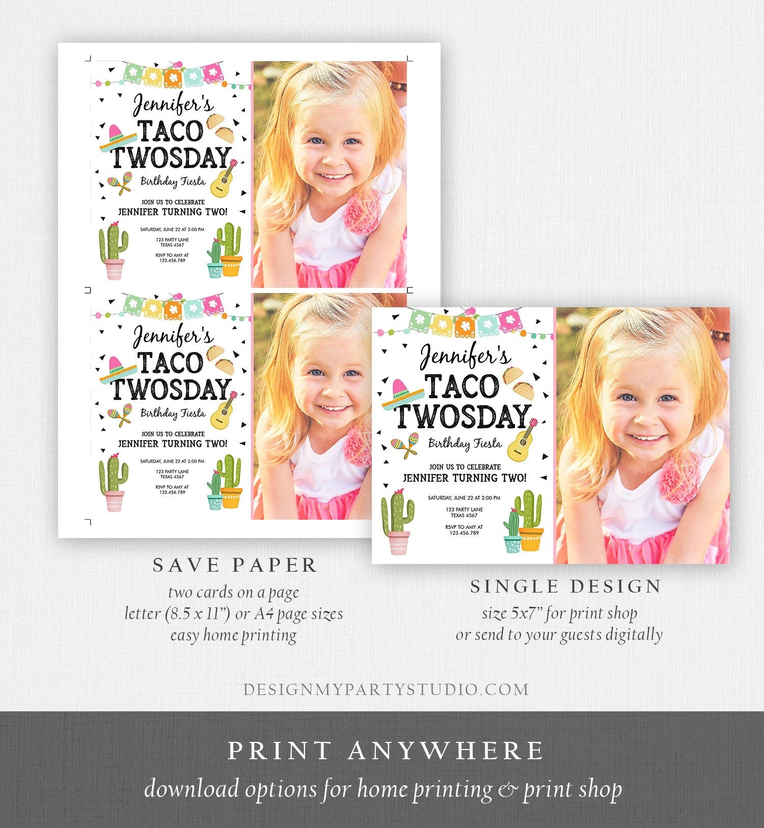 Editable Taco Twosday Invitation Mexican Twosday Birthday Fiesta Girl Second 2nd Birthday Pink Download Evite Corjl Template Printable 0161