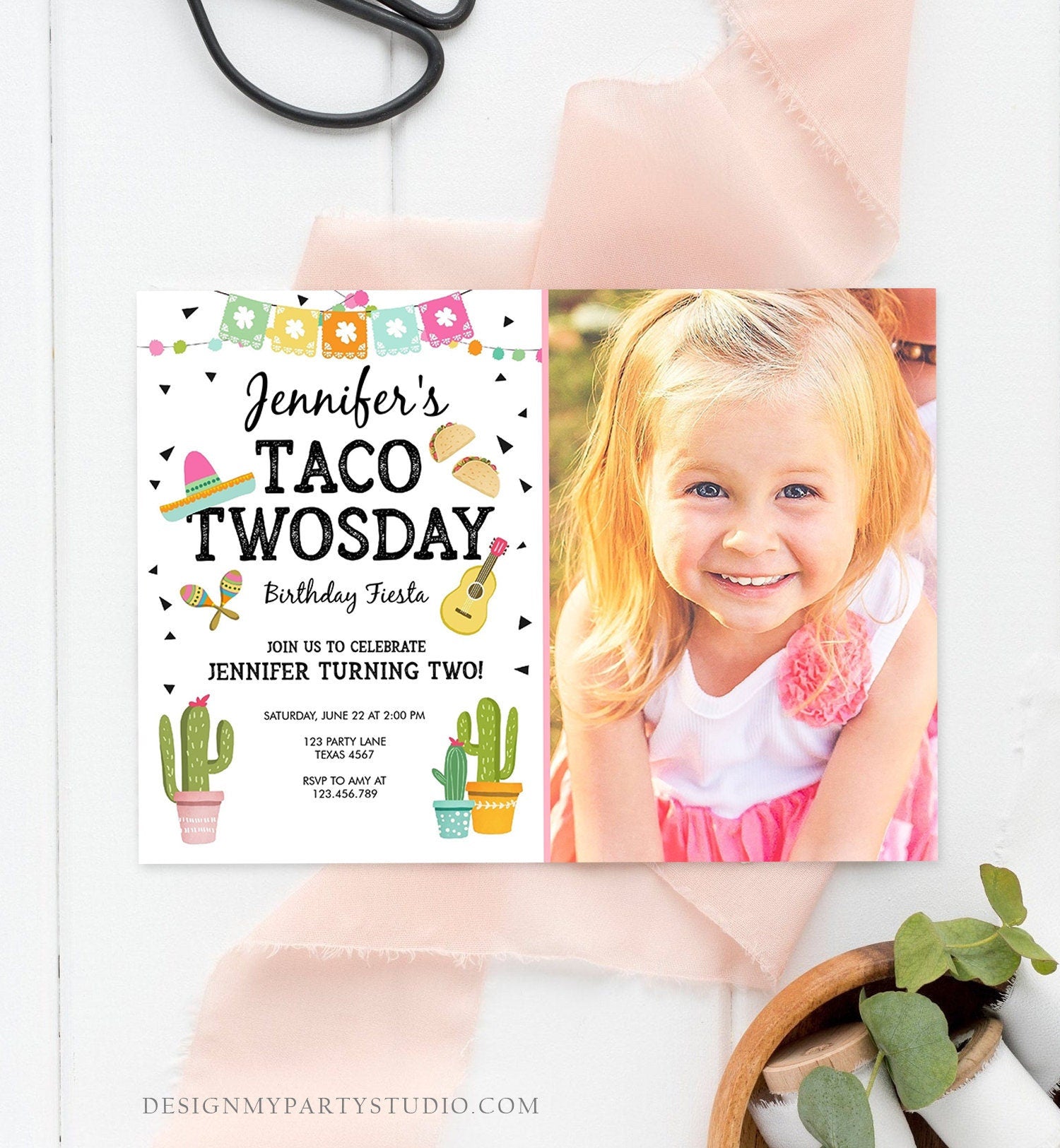 Editable Taco Twosday Invitation Mexican Twosday Birthday Fiesta Girl Second 2nd Birthday Pink Download Evite Corjl Template Printable 0161