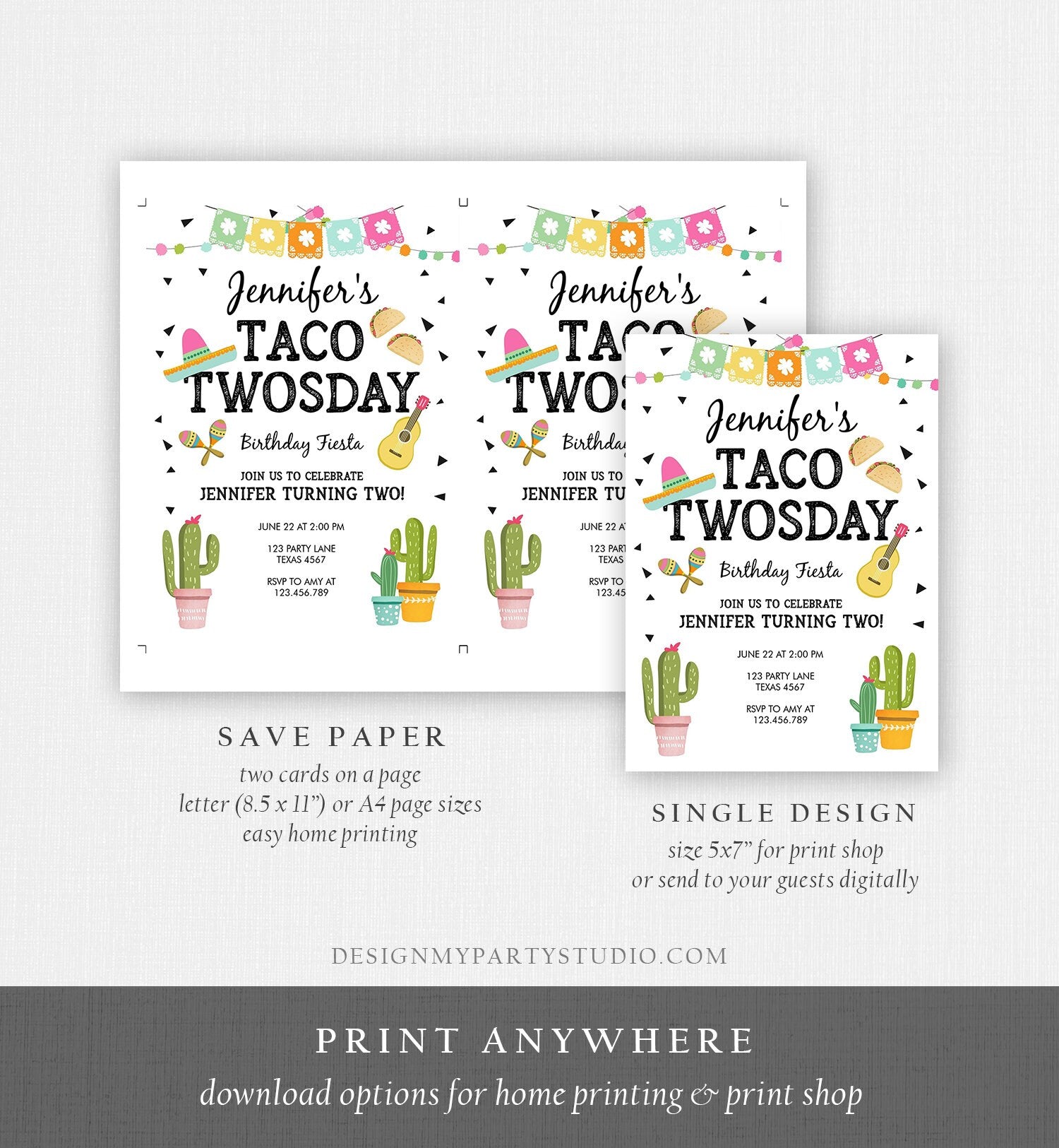 Editable Taco Twosday Invitation Mexican Girl Second Birthday 2nd Fiesta Pink Mint Cactus Digital Download Corjl Template Printable 0161