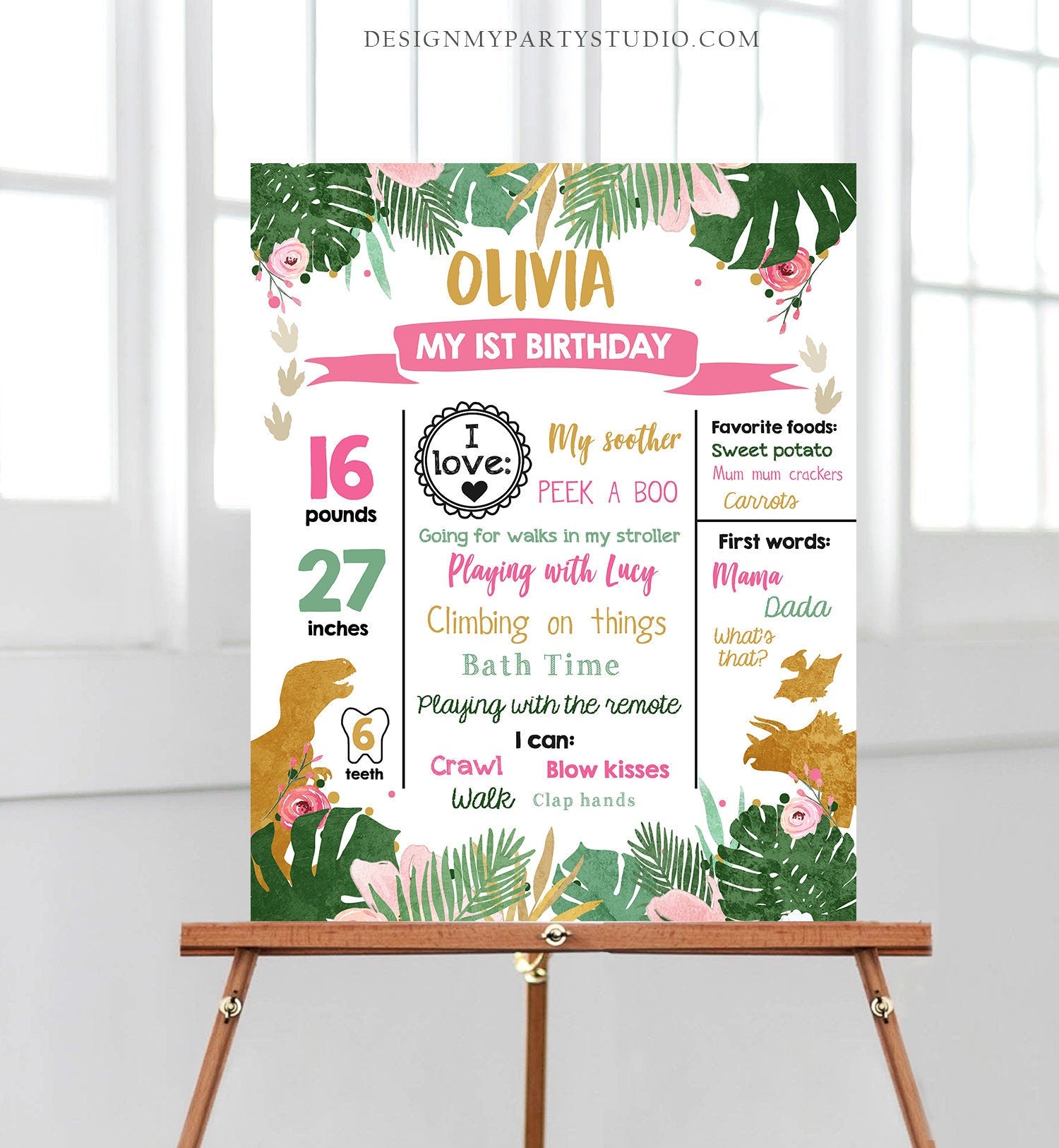 Editable Dinosaur Birthday Milestones Sign Dino Milestone Gold Pink Girl First Birthday Party Digital Download Template Printable 0146