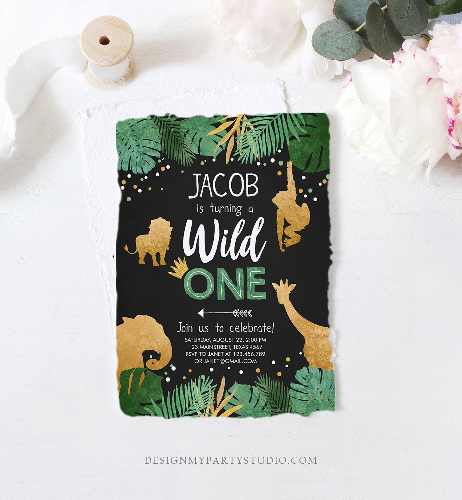 Editable Wild One Birthday Invitation Safari Jungle Boy Gold First Birthday 1st Chalk Leaves Instant Download Corjl Template Printable 0016