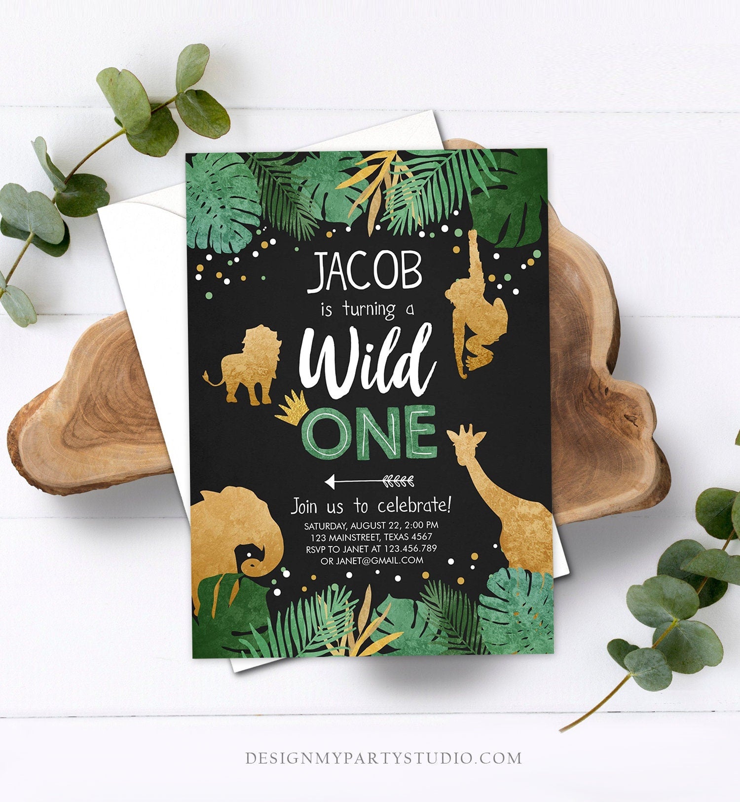 Editable Wild One Birthday Invitation Safari Jungle Boy Gold First Birthday 1st Chalk Leaves Instant Download Corjl Template Printable 0016