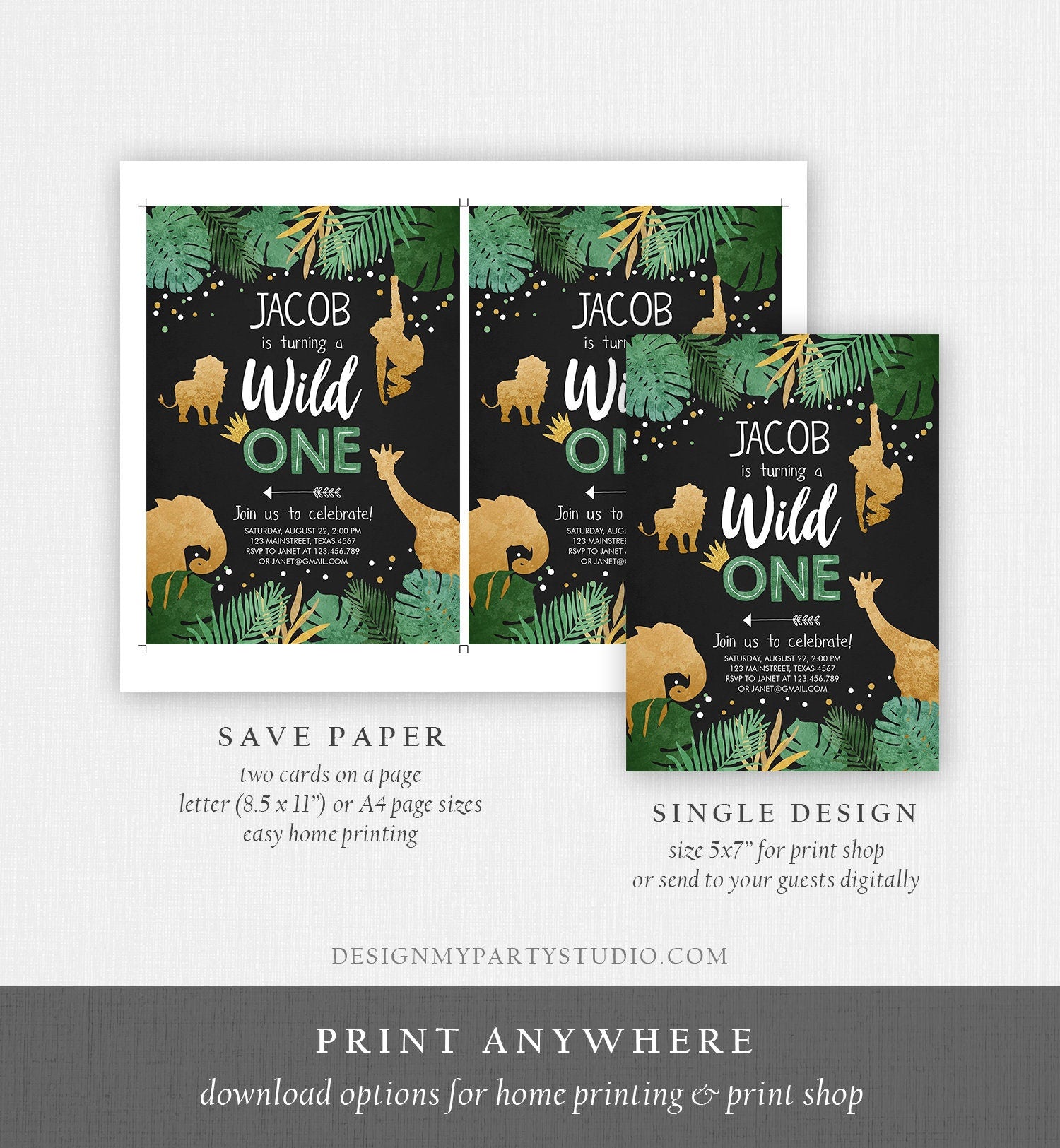 Editable Wild One Birthday Invitation Safari Jungle Boy Gold First Birthday 1st Chalk Leaves Instant Download Corjl Template Printable 0016