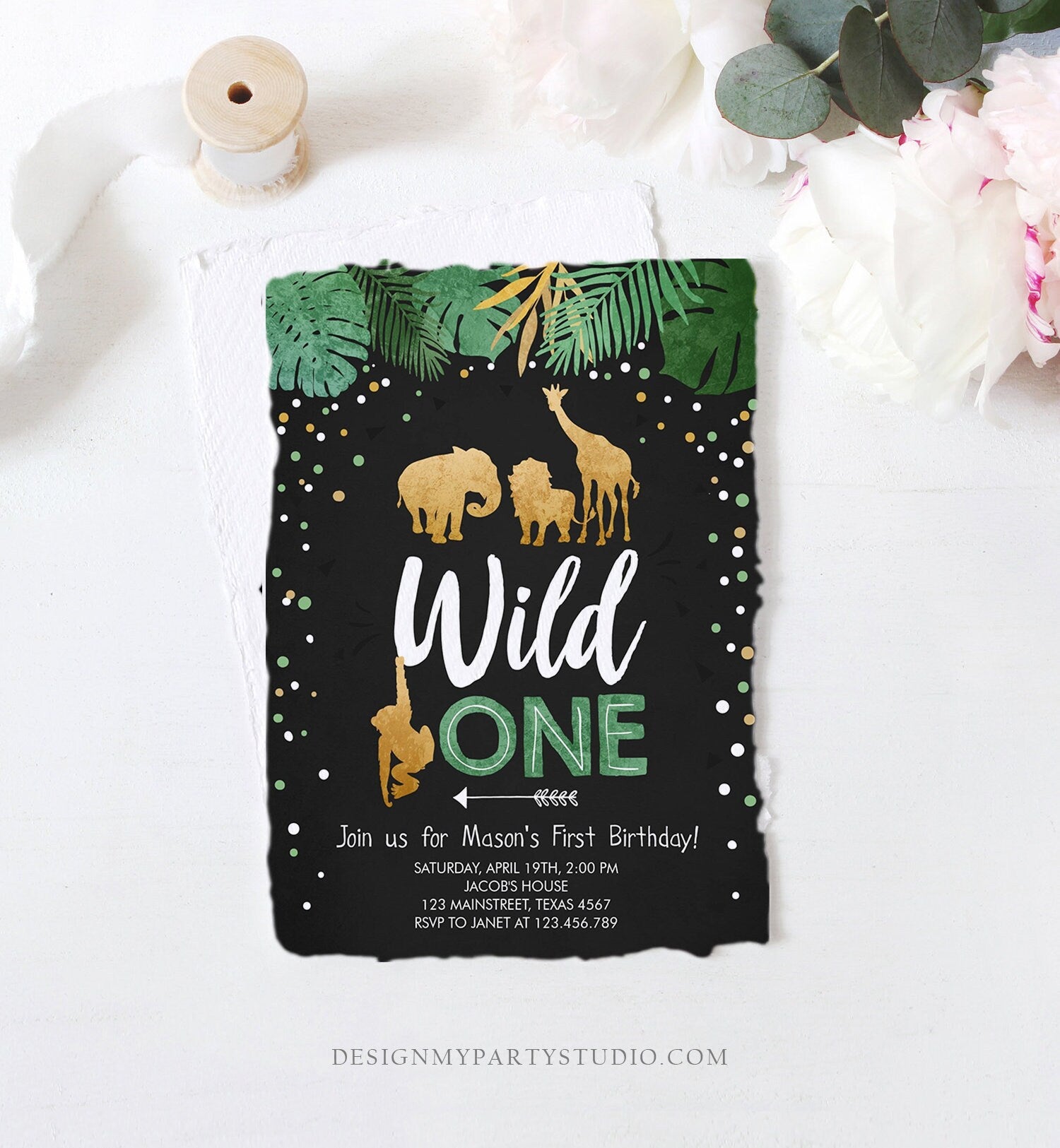 Editable Wild One Birthday Invitation Safari Animals Jungle Boy Gold First Birthday 1st Chalk Leaves Download Corjl Template Printable 0016