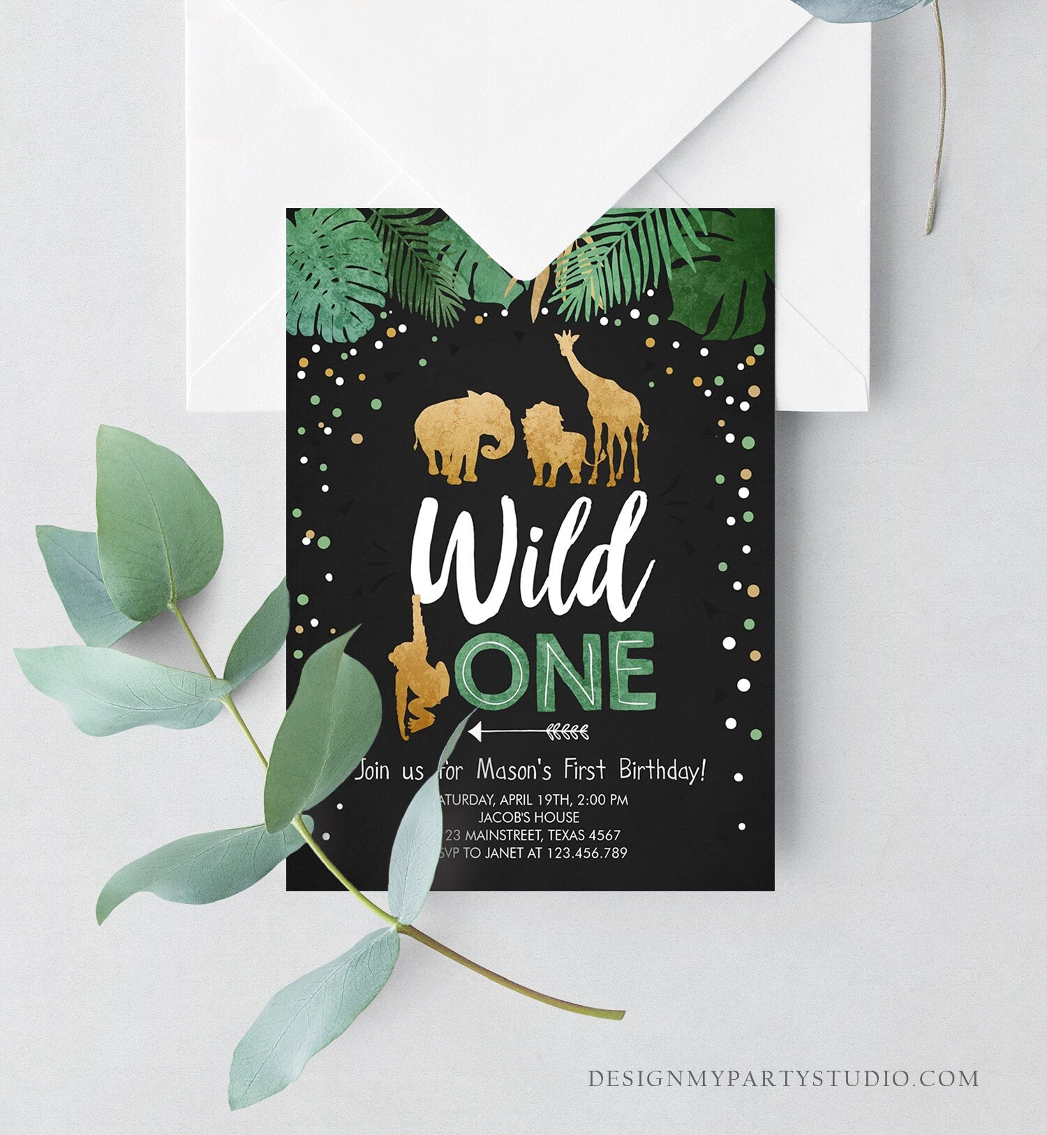 Editable Wild One Birthday Invitation Safari Animals Jungle Boy Gold First Birthday 1st Chalk Leaves Download Corjl Template Printable 0016