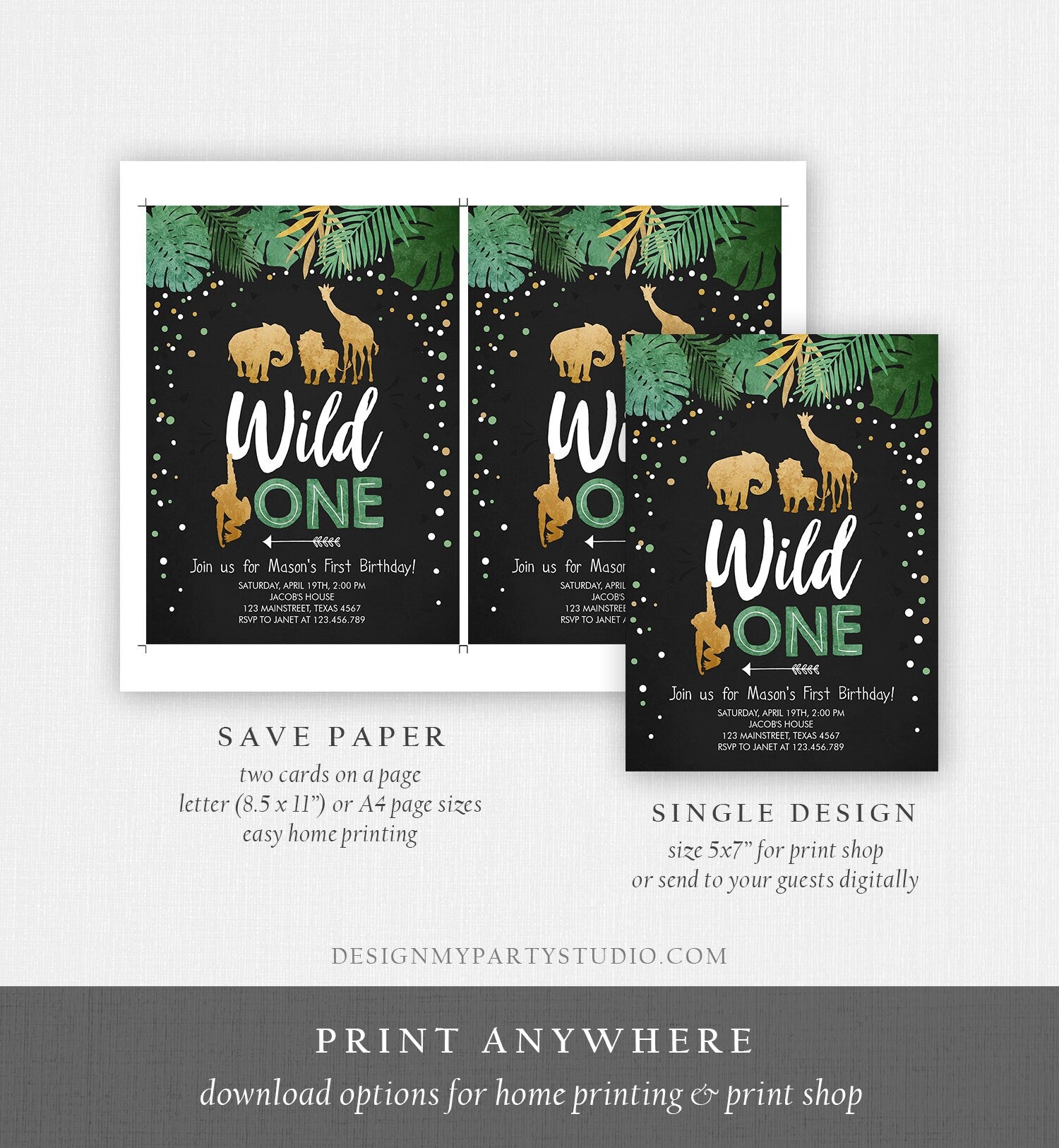 Editable Wild One Birthday Invitation Safari Animals Jungle Boy Gold First Birthday 1st Chalk Leaves Download Corjl Template Printable 0016