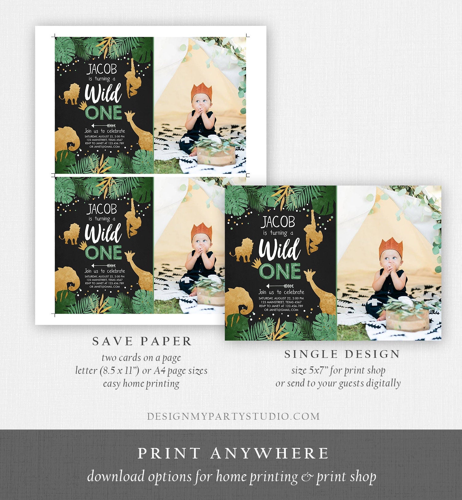 Editable Wild One Birthday Invitation Safari Animals Jungle Boy Gold First Birthday 1st Rustic Photo Download Corjl Template Printable 0016