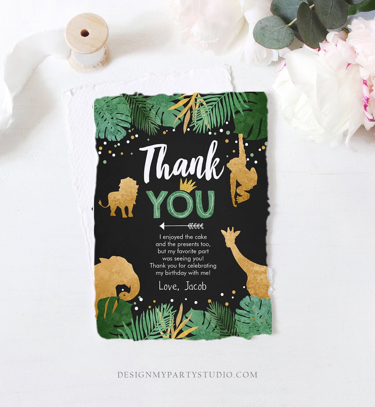 Editable Thank You Card Safari Animals Wild One Thank You Note Black Gold Photo Boy Jungle Zoo Animals Printable Corjl Template Digital 0016