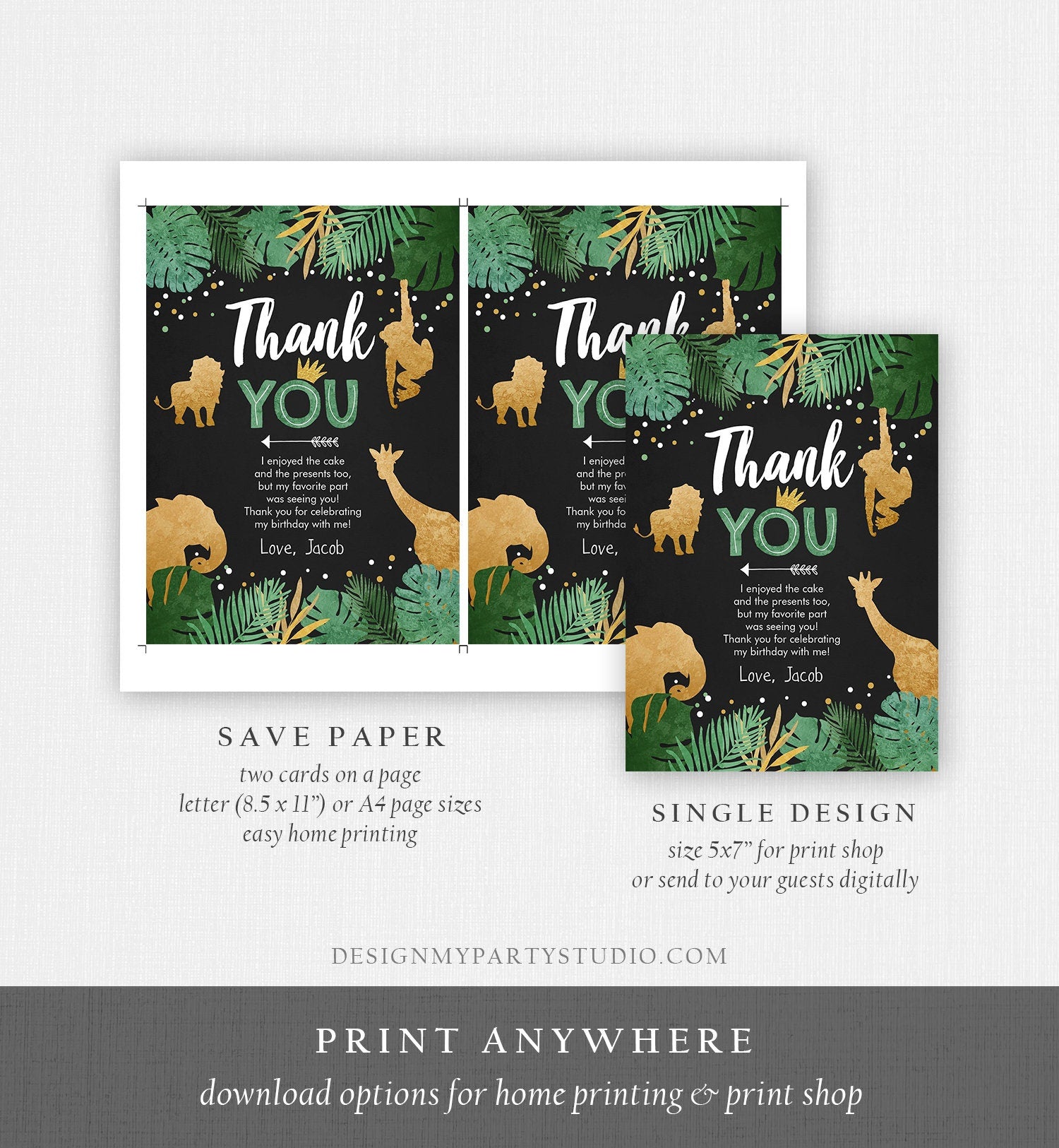 Editable Thank You Card Safari Animals Wild One Thank You Note Black Gold Photo Boy Jungle Zoo Animals Printable Corjl Template Digital 0016