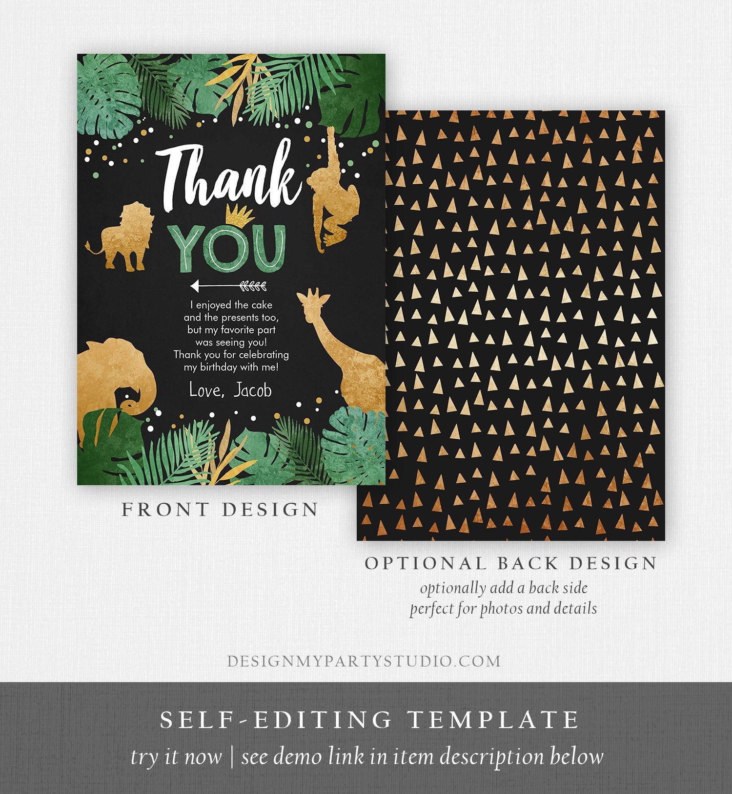 Editable Thank You Card Safari Animals Wild One Thank You Note Black Gold Photo Boy Jungle Zoo Animals Printable Corjl Template Digital 0016