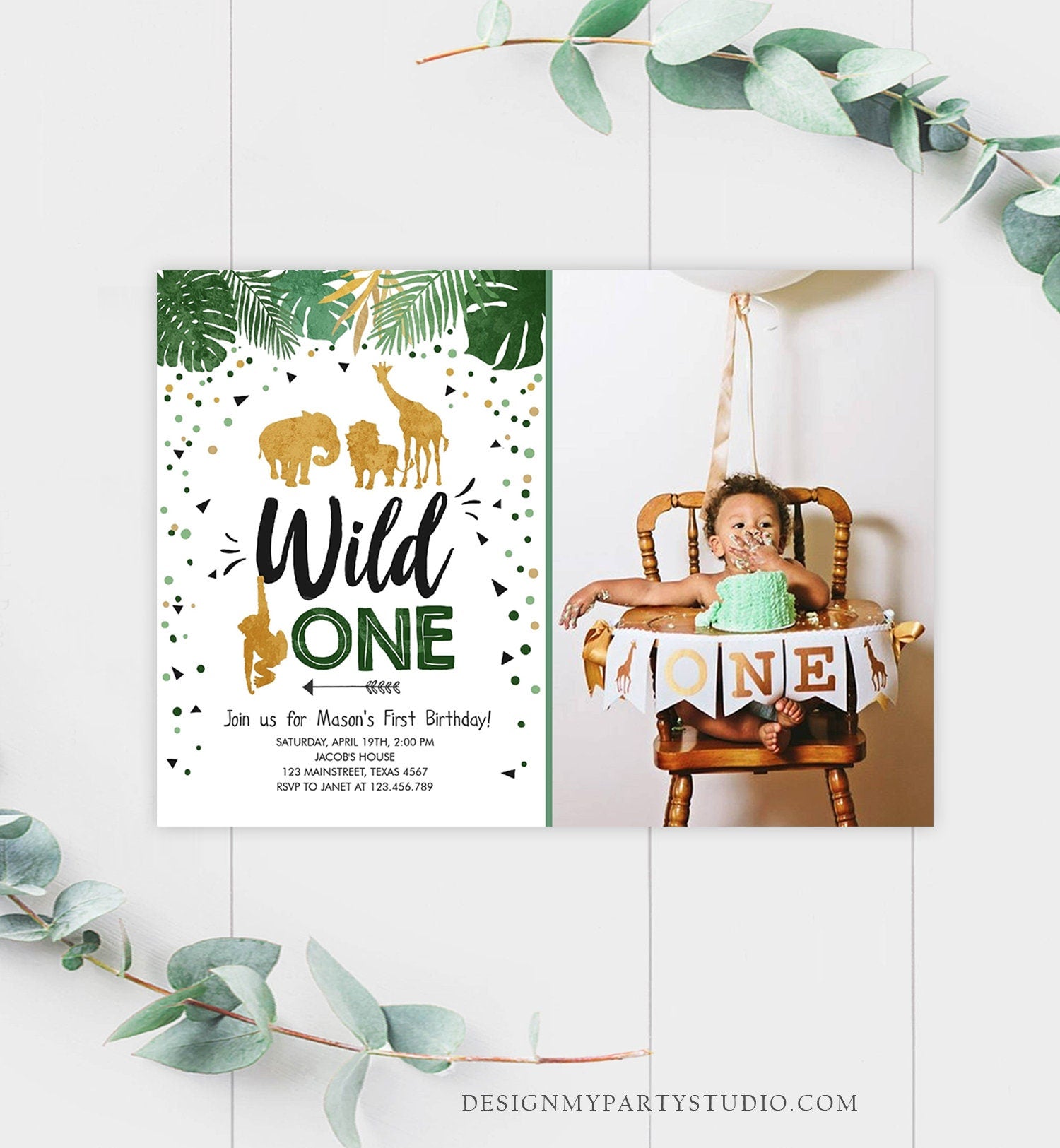 Editable Wild One Birthday Invitation Safari Animals Jungle Zoo Animals Black Gold First Birthday 1st Download Printable Corjl Template 0016