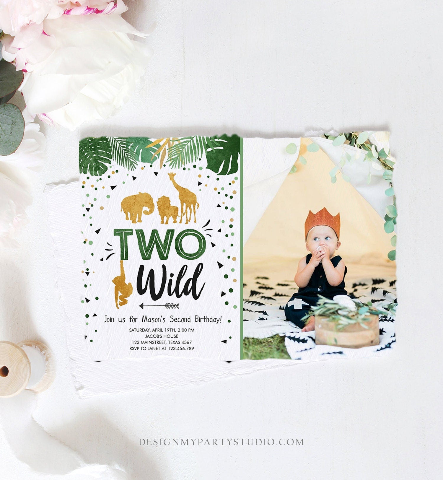 Editable Two Wild Birthday Invitation Safari Animals Wild Animals Black Gold Second Birthday 2nd Jungle Printable Corjl Template 0016