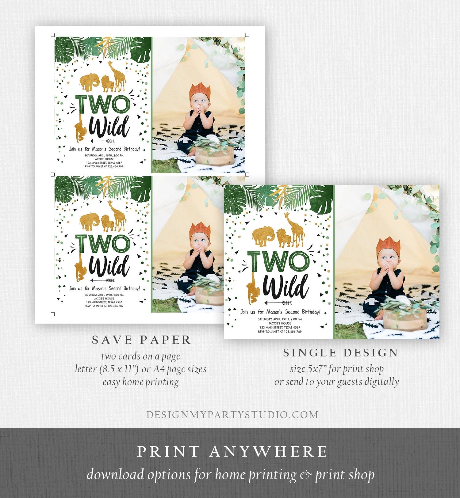 Editable Two Wild Birthday Invitation Safari Animals Wild Animals Black Gold Second Birthday 2nd Jungle Printable Corjl Template 0016