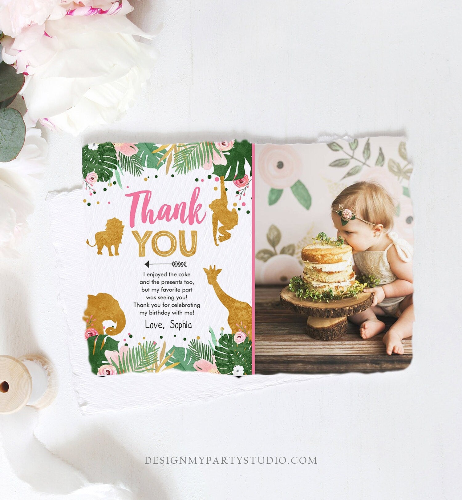 Editable Thank You Card Safari Animals Wild One Thank You Note Black Photo Girl Pink Gold Jungle Zoo Animals Corjl Template Digital 0016