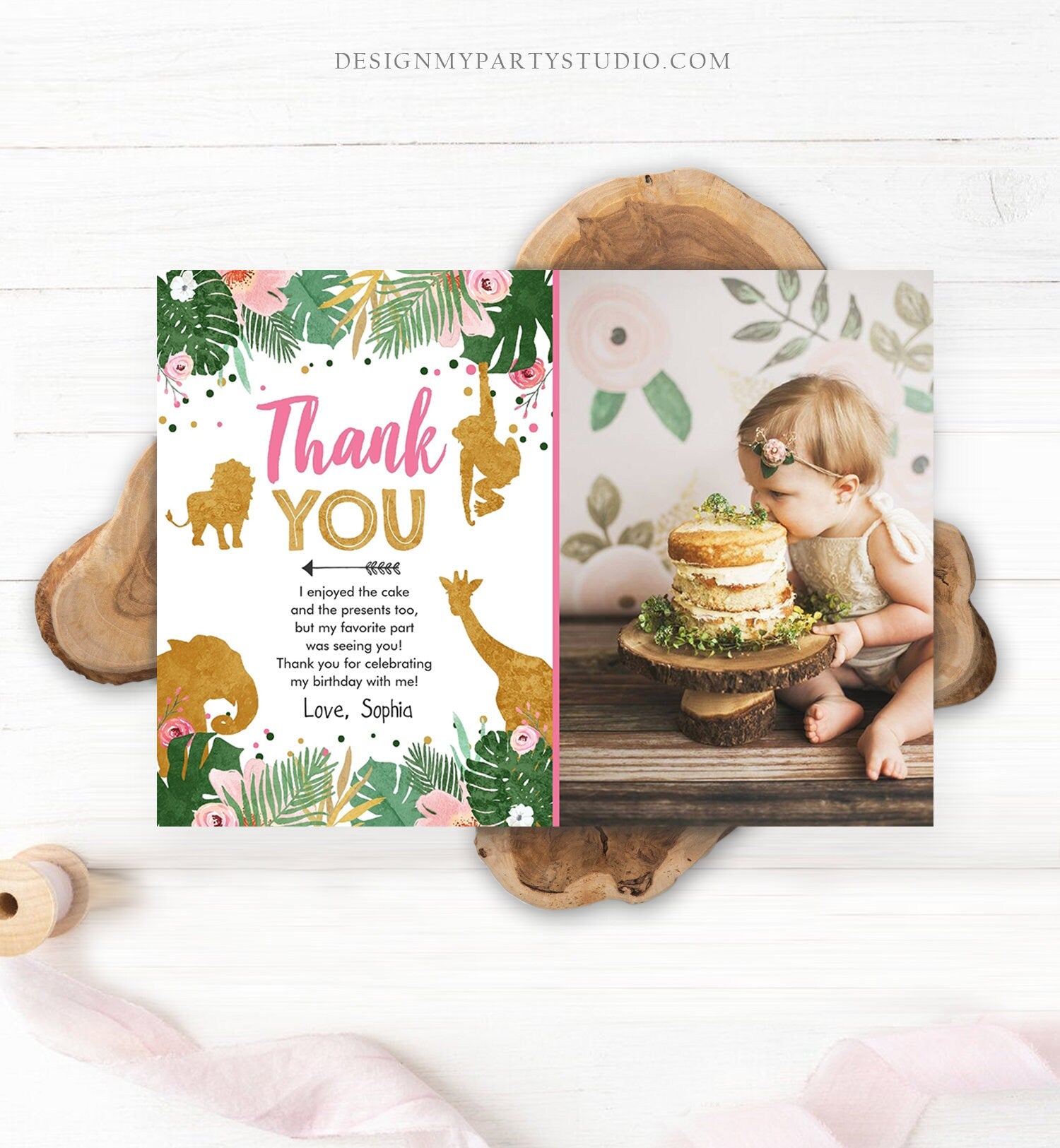 Editable Thank You Card Safari Animals Wild One Thank You Note Black Photo Girl Pink Gold Jungle Zoo Animals Corjl Template Digital 0016