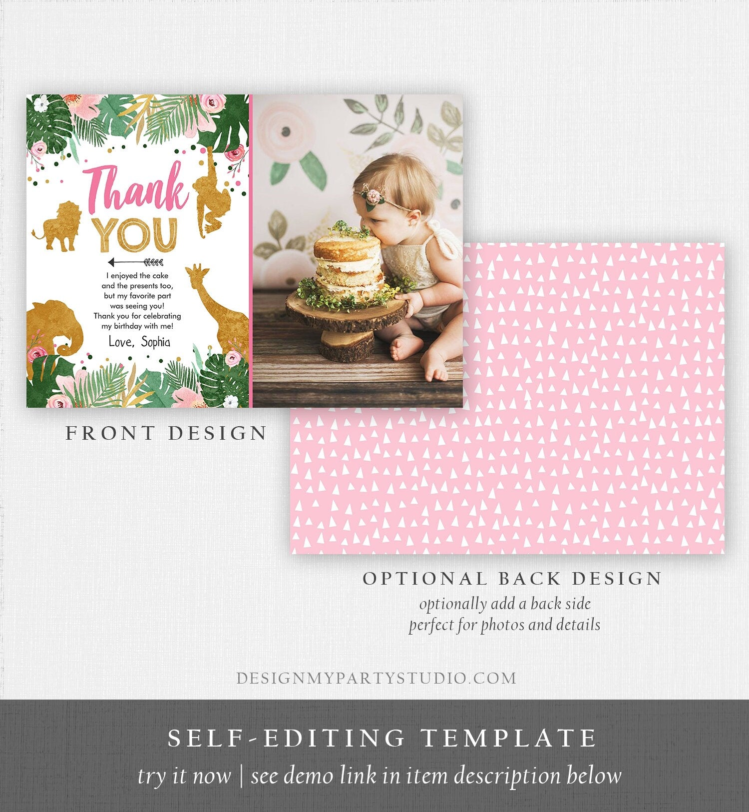 Editable Thank You Card Safari Animals Wild One Thank You Note Black Photo Girl Pink Gold Jungle Zoo Animals Corjl Template Digital 0016