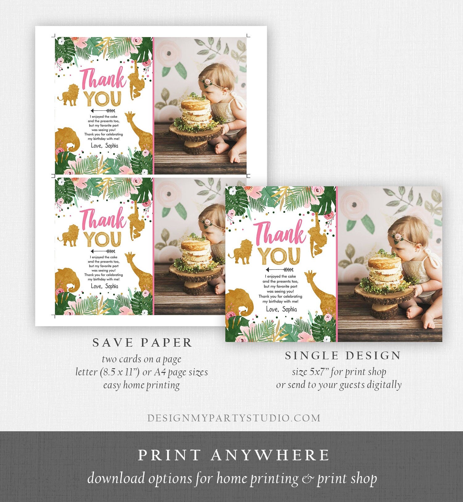 Editable Thank You Card Safari Animals Wild One Thank You Note Black Photo Girl Pink Gold Jungle Zoo Animals Corjl Template Digital 0016