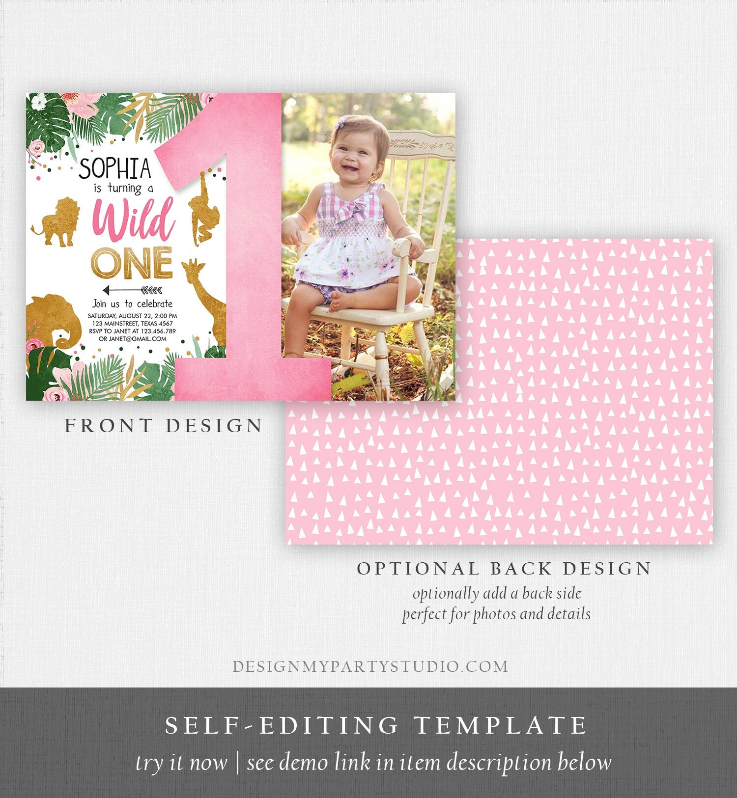 Editable Wild One Birthday Invitation Girl Safari Animals Jungle Zoo Party Animals Pink Gold Instant Download Printable Corjl Template 0016