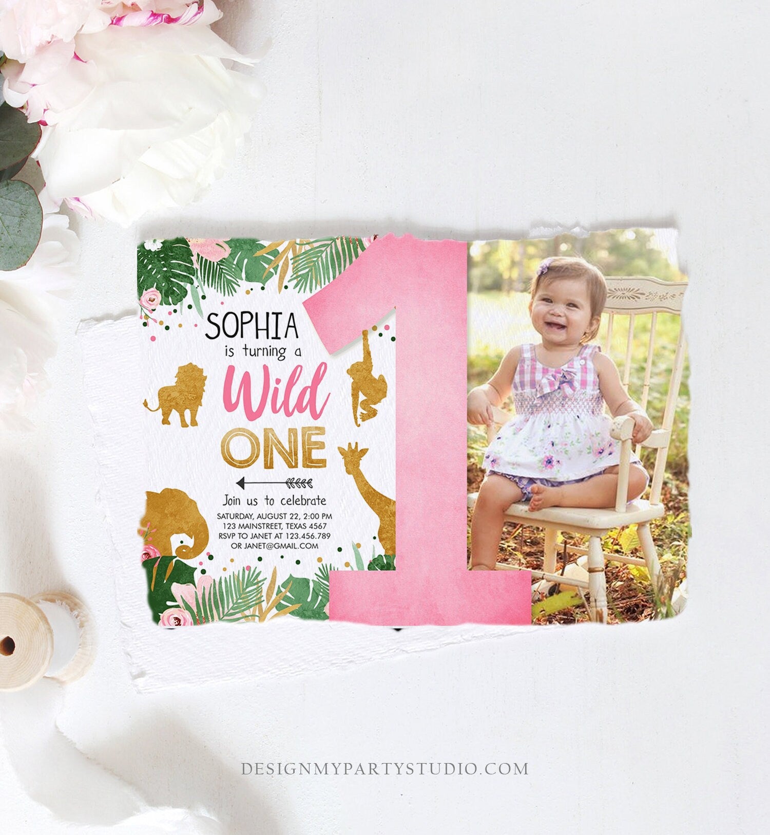 Editable Wild One Birthday Invitation Girl Safari Animals Jungle Zoo Party Animals Pink Gold Instant Download Printable Corjl Template 0016