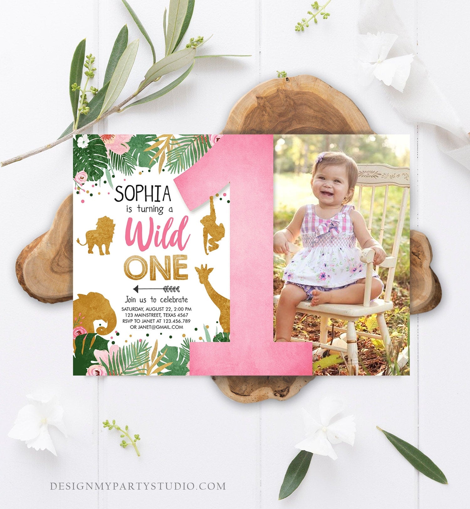 Editable Wild One Birthday Invitation Girl Safari Animals Jungle Zoo Party Animals Pink Gold Instant Download Printable Corjl Template 0016