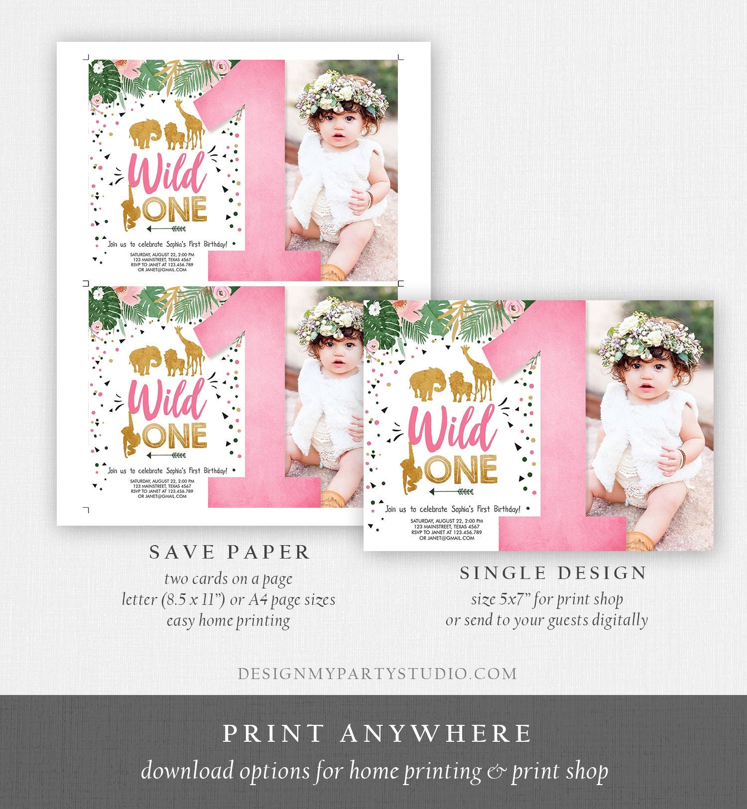 Editable Wild One Birthday Invitation Girl Safari Animals Jungle Zoo Party Animals Pink Gold Instant Download Printable Corjl Template 0016